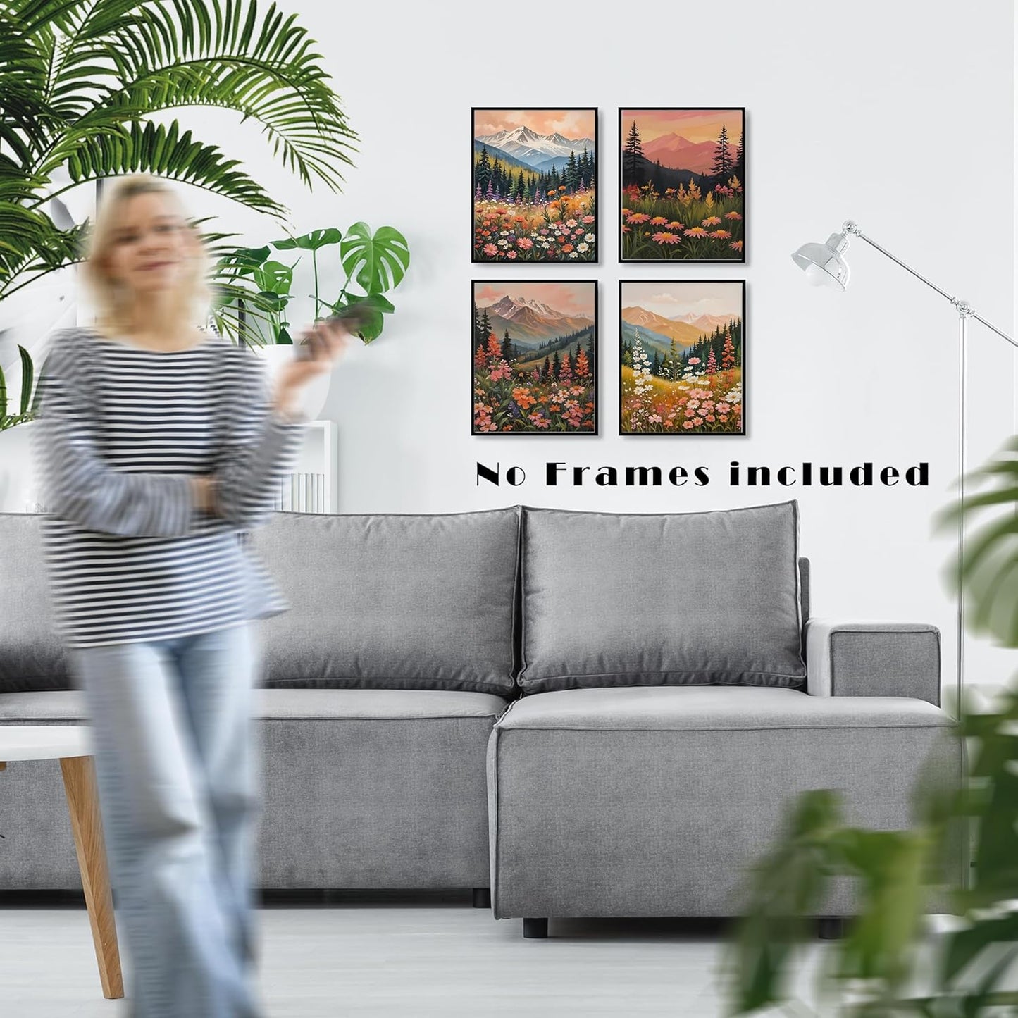 LUKIPOM Boho Maximalist Mountain Floral Wall Art Posters Set of 4, Colorful Wildflower Field Mountain Landscape Canvas Prints Artwork Wall Decor for Bedroom Home Office, 8x10 Unframed