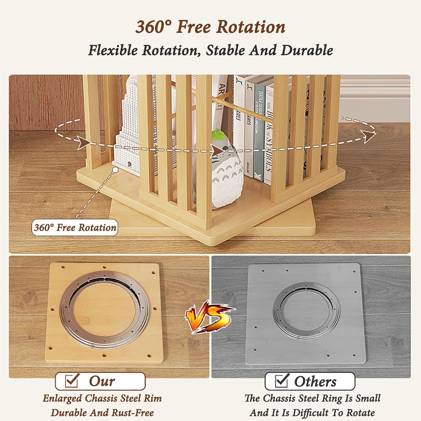 Bamboo Rotating Bookshelf Tower 360° Rotating Bookshelf For Space Saving 5/6 Tier Kids Bookshelf Small Corner Bookshelf Floor Standing Bookcase Storage Rack For Bedroom Living Room Kids Rooms(Brown,37