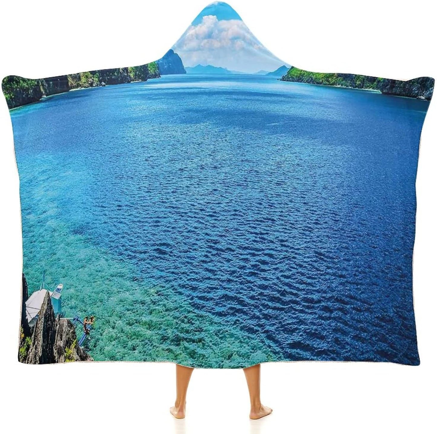 Throw Blankets, Nature Women Men Hooded Blanket, Scenic View Sea Bay and Mountain Islands in, Soft Warm Cozy, 40 x 50inches, Studying Reading Snuggling Napping Office, Blue Green White