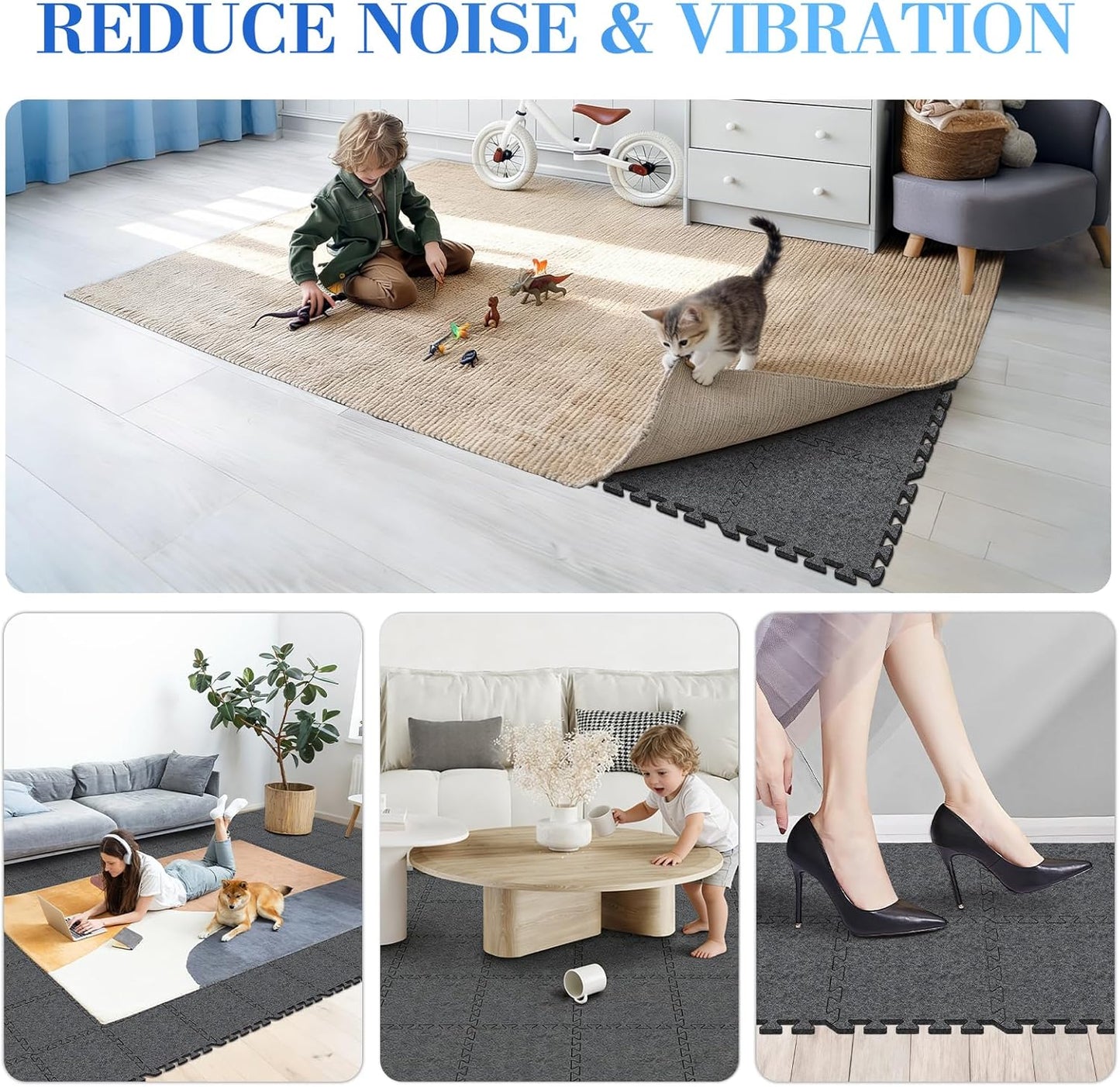 BXI Soundproof Interlocking Rug Pad 10 Pcs, 11x 11 x 0.4 inches Non Slip Rug Pads, High Density Noise Reduction Puzzle Felt Carpet Padding, Rug Mat Protects and Adds Cushion for Hardwood Floors
