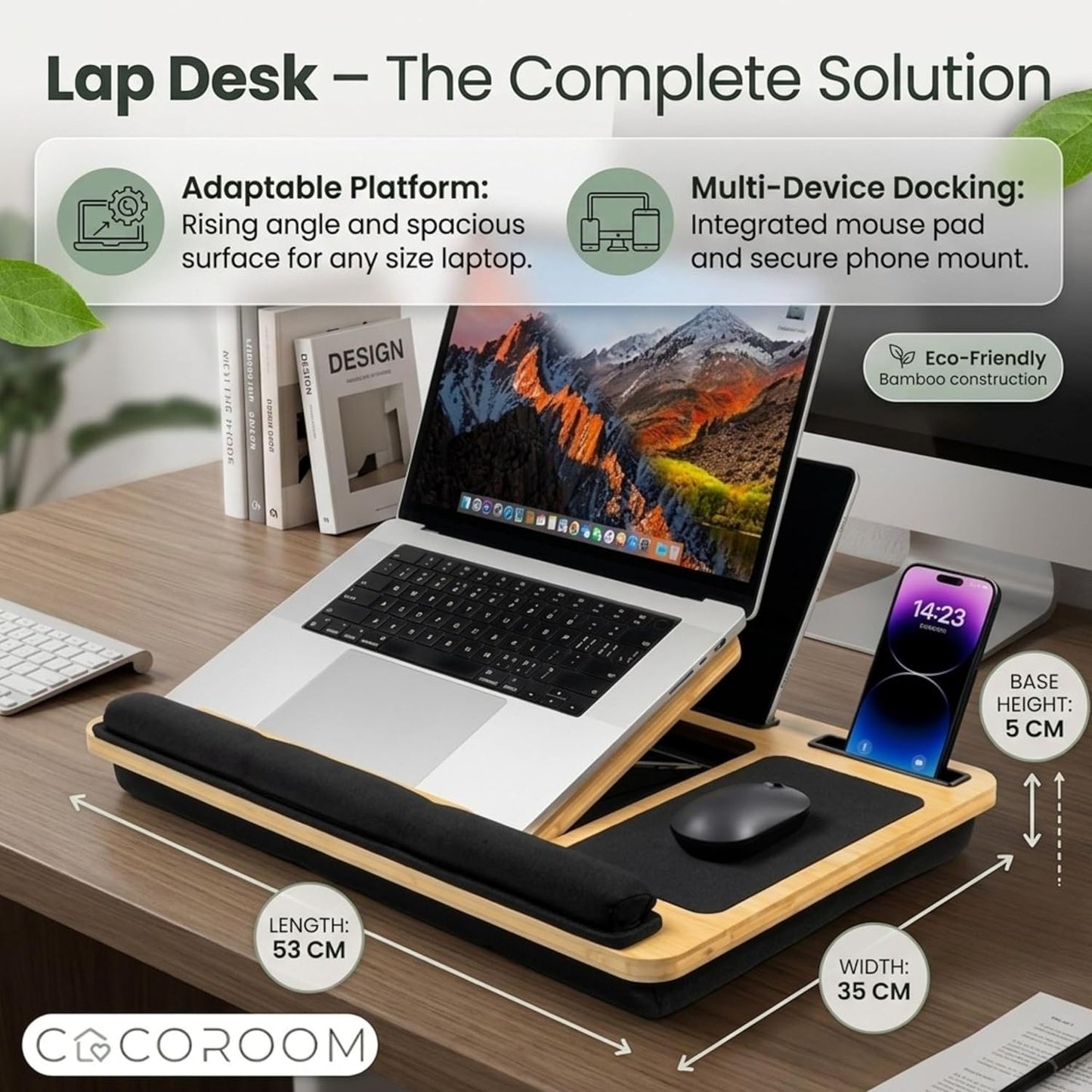 Lap Desk for Laptop – Bed Desk Tray Table with Cushion, 5 Angles, Phone & Tablet Holder, Mouse Pad & Ventilation – Laptop Stand, Lap Table, Couch Desk for 15”-17” Laptops (Black)