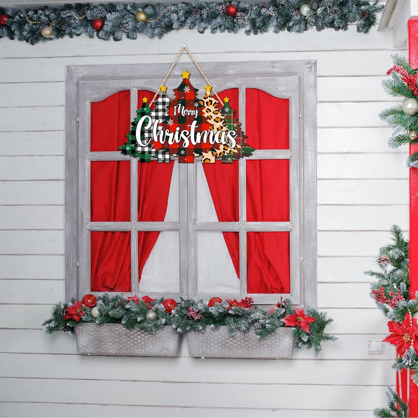 Wooden Christmas Tree Doors Wreath for Front Door Merry Christmas Wreath Hanging Sign For Front Doors Wall Signs Xmas Decoration Black Red Buffalo Plaid Hanging for Xmas Party Supply