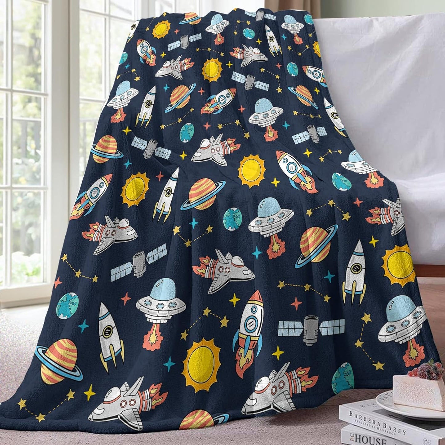 Out Space Flannel Throw Blanket, Planet Rocket Spacecraft Gifts for Kids Boys Baby, Galaxy Sun Stars Birthday Ideas, Soft Blankets Present for Children Teens 50'' x 60''