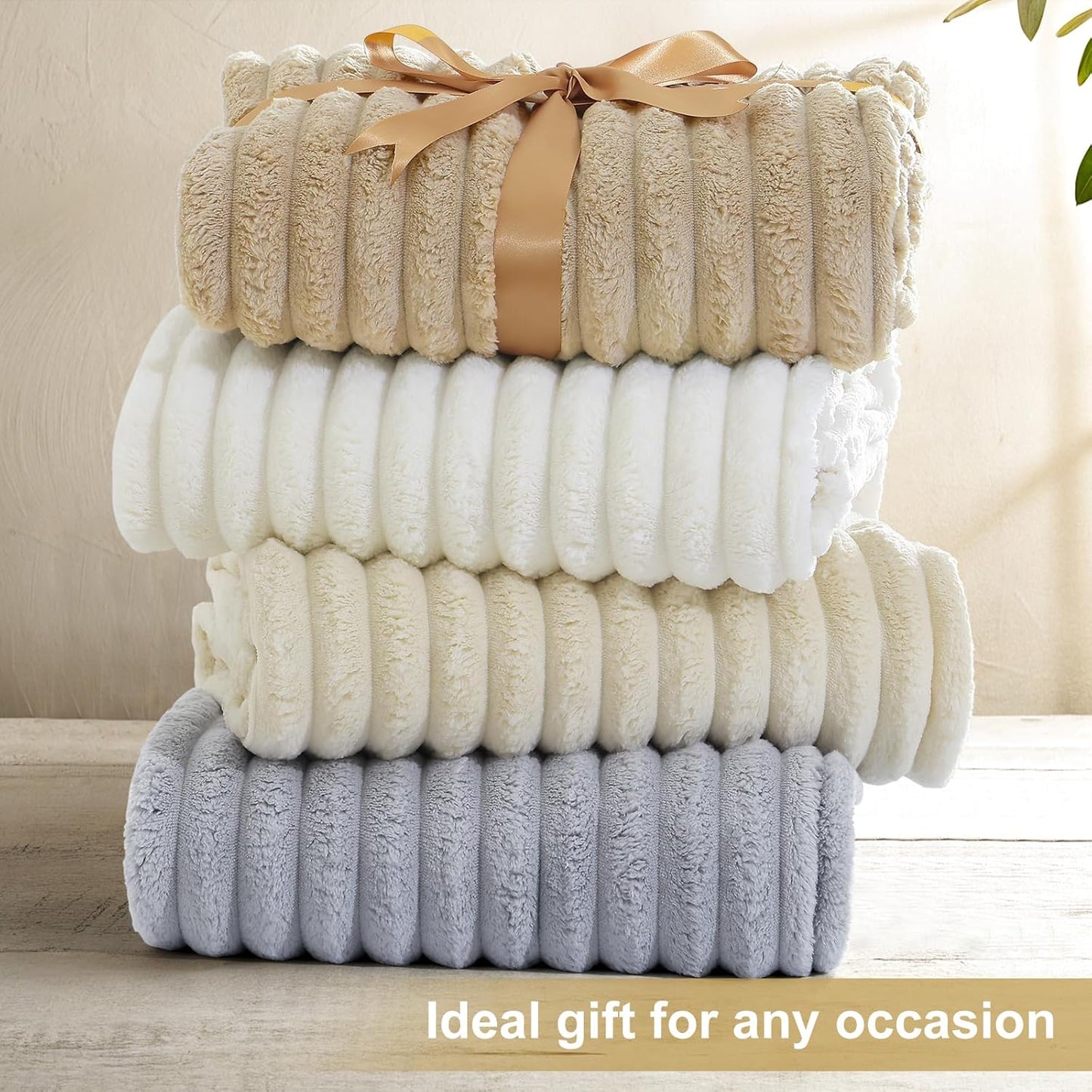 decorUhome Soft Fleece Beige Twin Blanket for Bed, Cozy Fluffy Plush Flannel Striped Throws for Couch Sofa, Lightweight Decorative Ribbed Fuzzy Blanket for Woman, 60x80 Inches