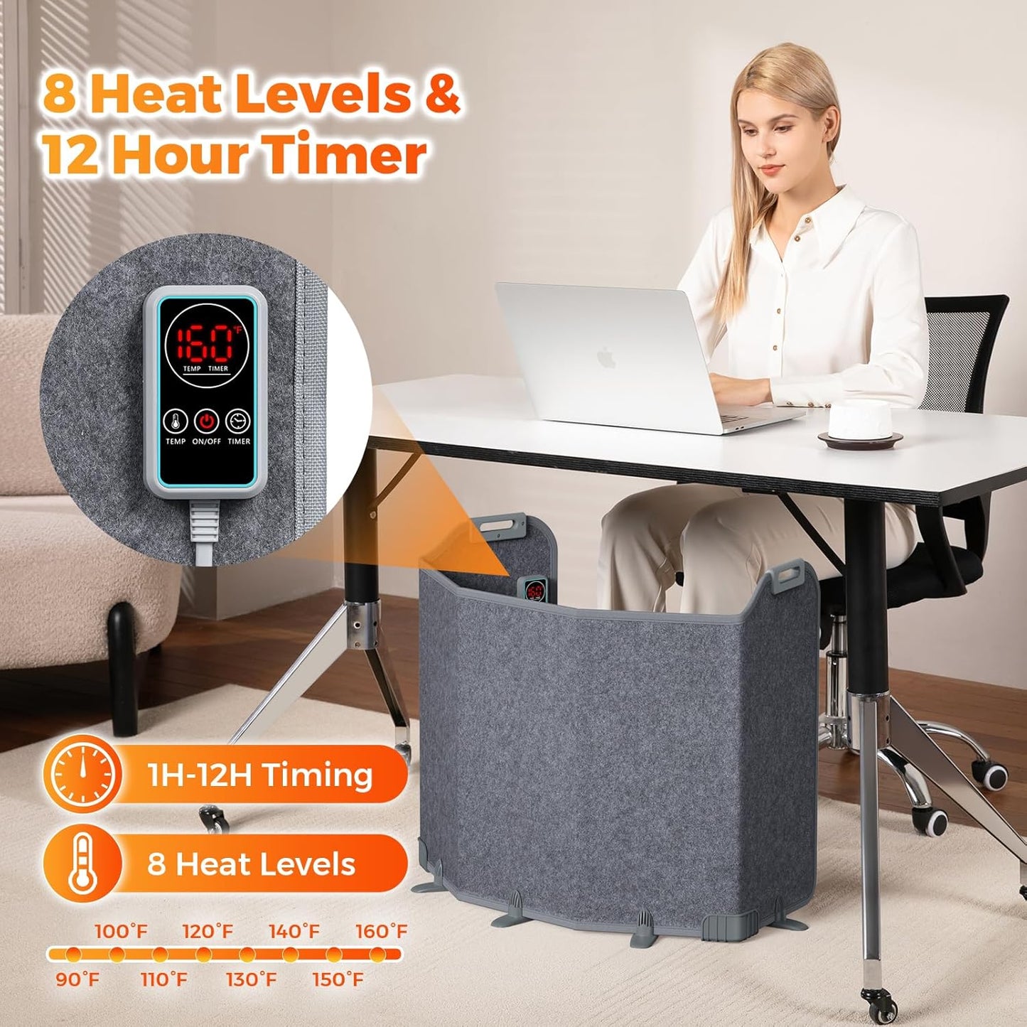 Under Desk Heater for Office, Foldable Space Heater Plus Size 5-Fold, Quiet for Leg, Foot Ankles, Portable Foot Warmer with 12H Timer & 8 Heat Levels, No Odor Anti-tilt, Auto Shut Off, Dark Grey