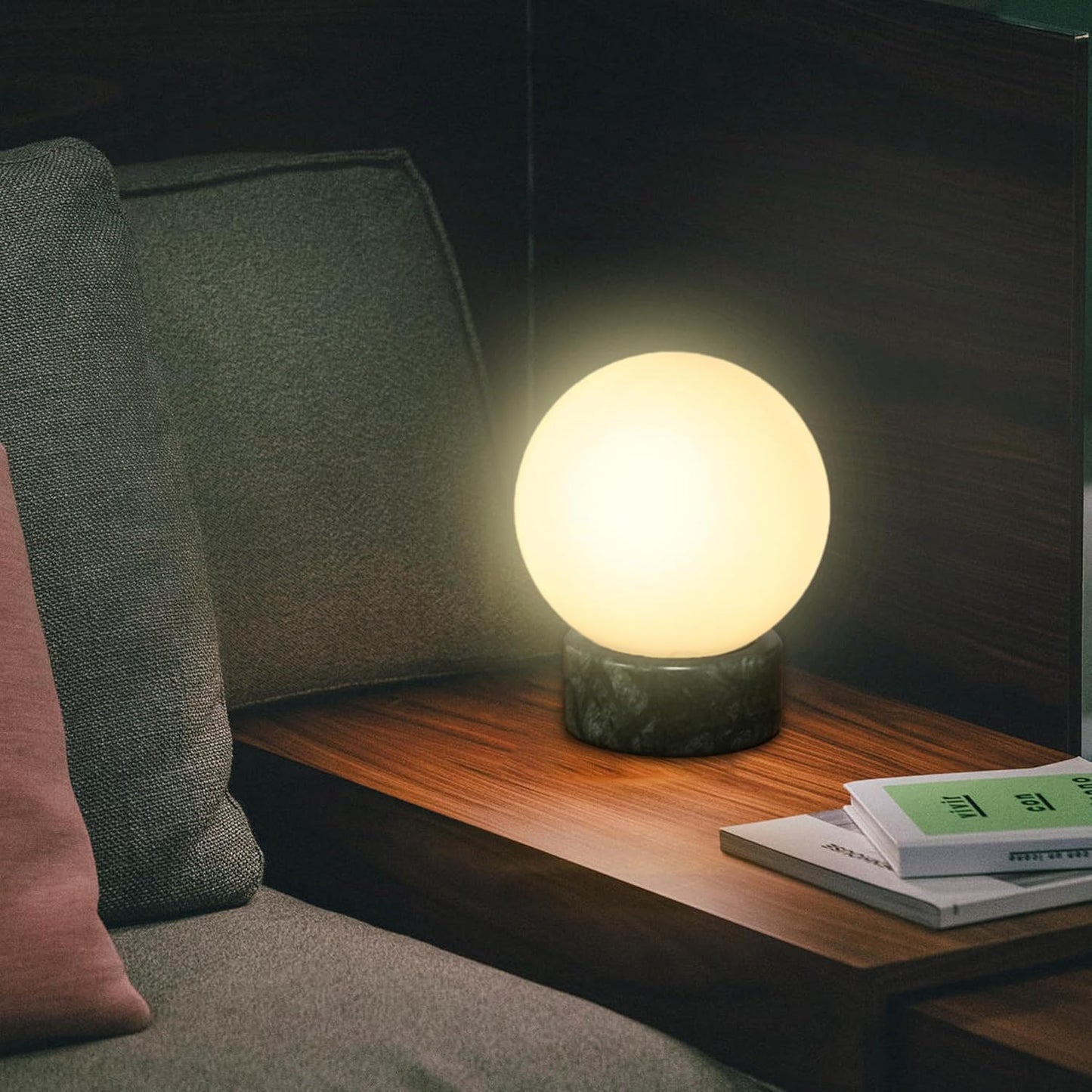 FLORNIA Globe Tble Lamp, Modern Industrial Round Table Lamp, Unique Bedside Nightstand Desk Lamp with Glass Shade and Marble Base for Bedroom, Living Room, Office Study, Decoration (Include Bulb G45)