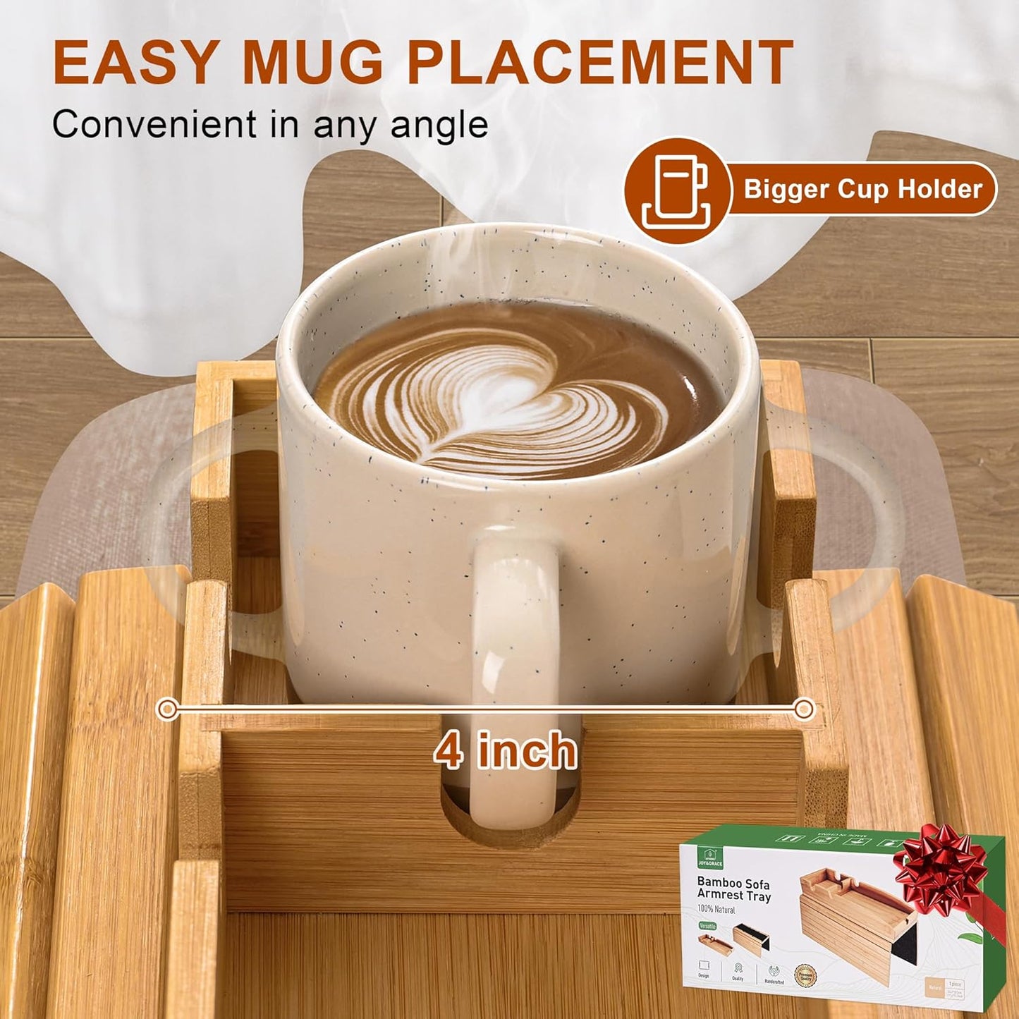 Joy&Grace Couch Cup Holder, 3-in-1 Magnetic Detachable Couch Arm Tray, Bamboo Sofa Armrest Table with Anti-Slip Pad, Sofa Armrest Tray Table (Natural)