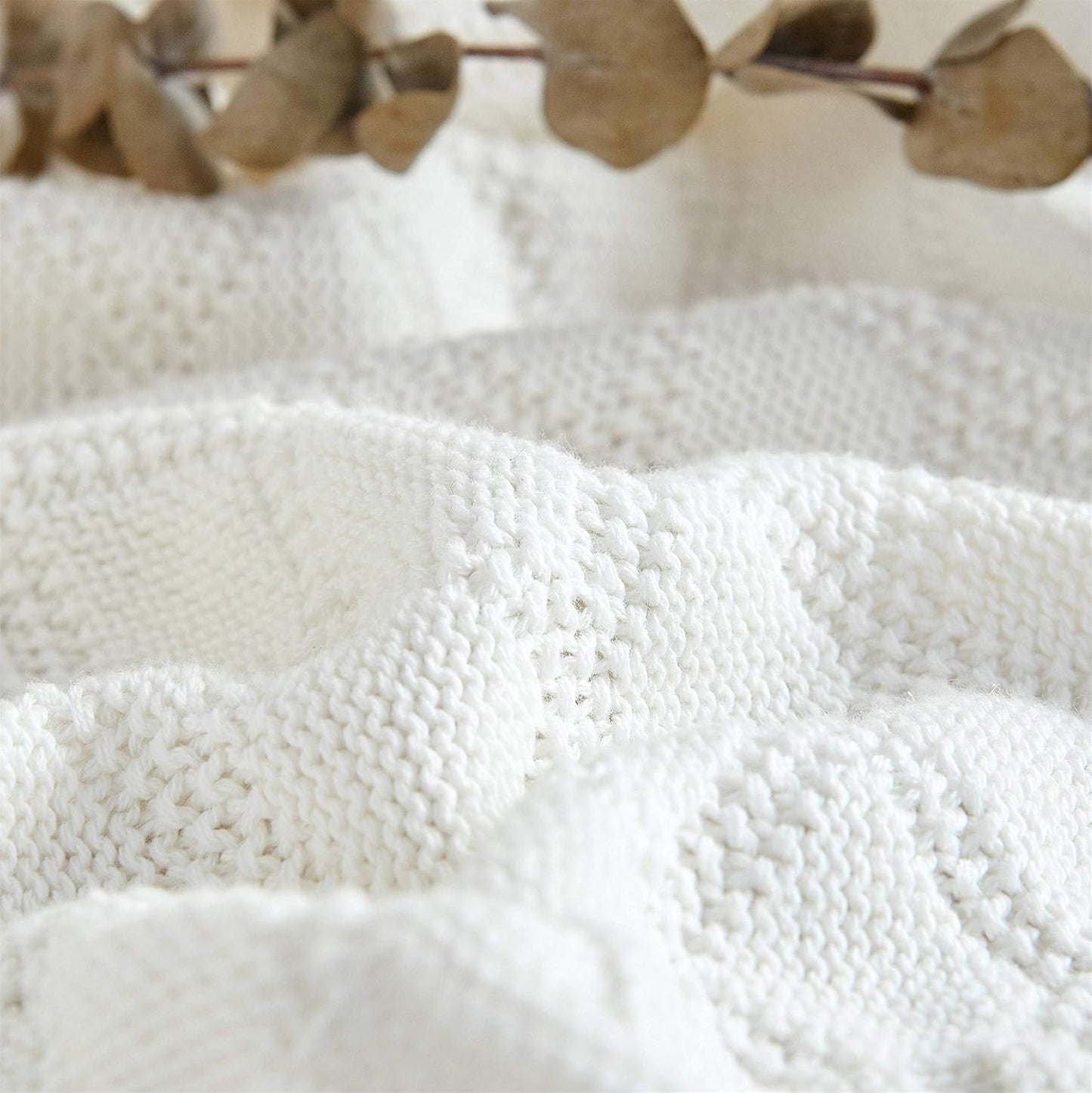 Longhui bedding 100% Cotton Pure White Cable Knit Throw Blanket for Couch with Bonus Laundering Bag – Large 50 x 60 Inch Thick, Extra Cozy, Machine Washable, Comfortable Home Decor