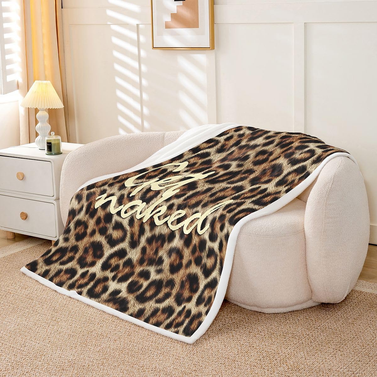 Feelyou Leopard Print Get Naked Throw Blanket Funny Quotes Soft Fleece Sherpa Cozy Fuzzy Plush Warm Brown Fuzzy Plush Throw Cheetah Throw 50"x60" for Bed Couch Living Room