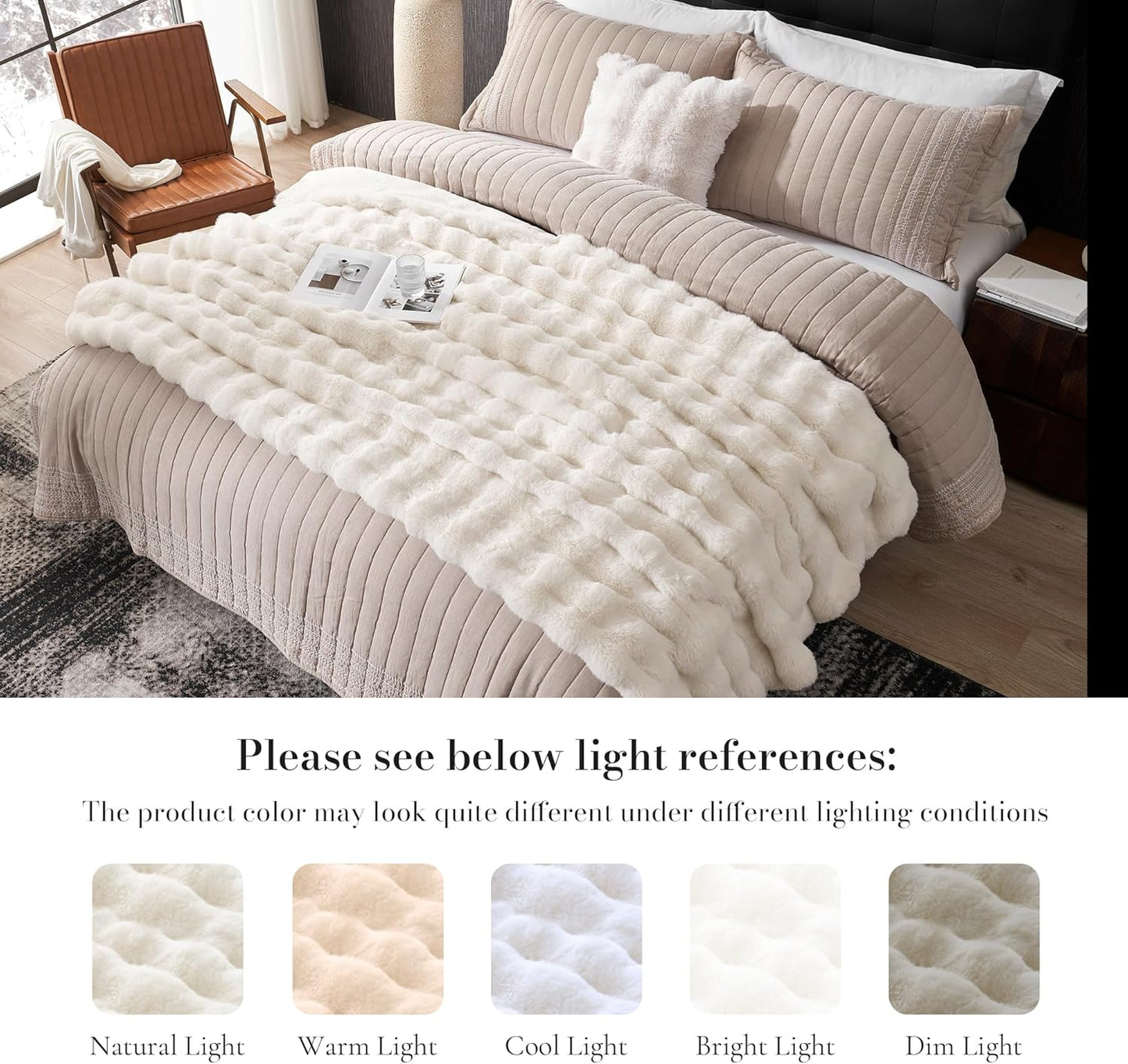Amélie Home Faux Fur Throw Blanket for Couch, Ultra Soft Fuzzy Plush Bubble Throw for Sofa, Living Room & Home Decor, 50"x60", Cream White