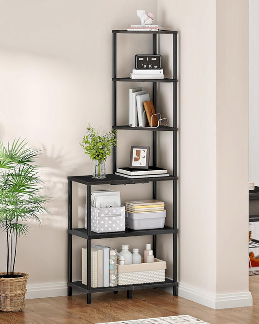 6-Tier Corner Shelf, Industrial Corner Bookshelf with Desk Top, Diamond-Shaped Storage Shelves, Display Stand for Small Spaces, Living Room, Home Office, Foyer, Black TCJ70BB