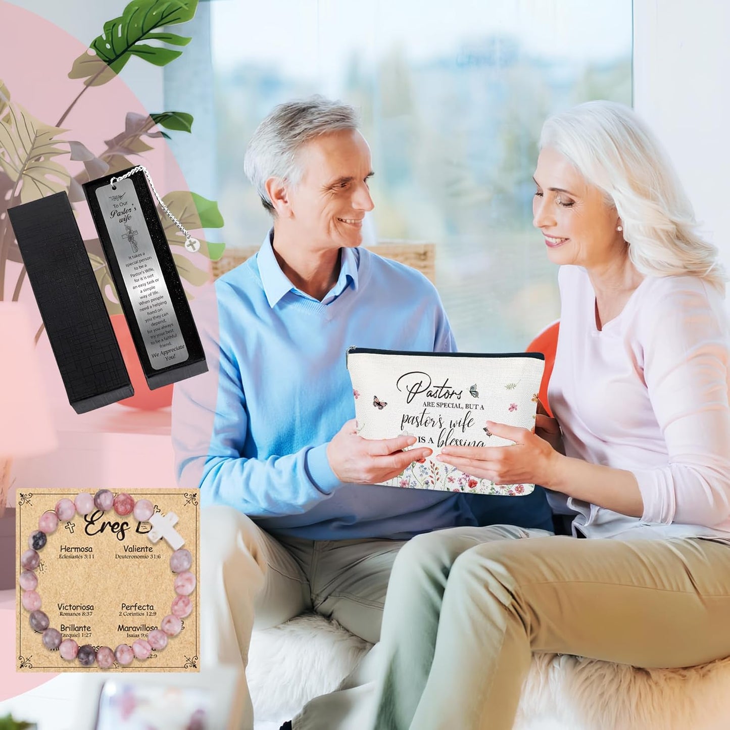 Pastor Wife Appreciation Gifts, 3PCS Gift Set with Makeup Bag, Bracelet, Bookmark and Card, Christian Thank You Gifts for Pastor’s Wife Birthday Christmas October Month