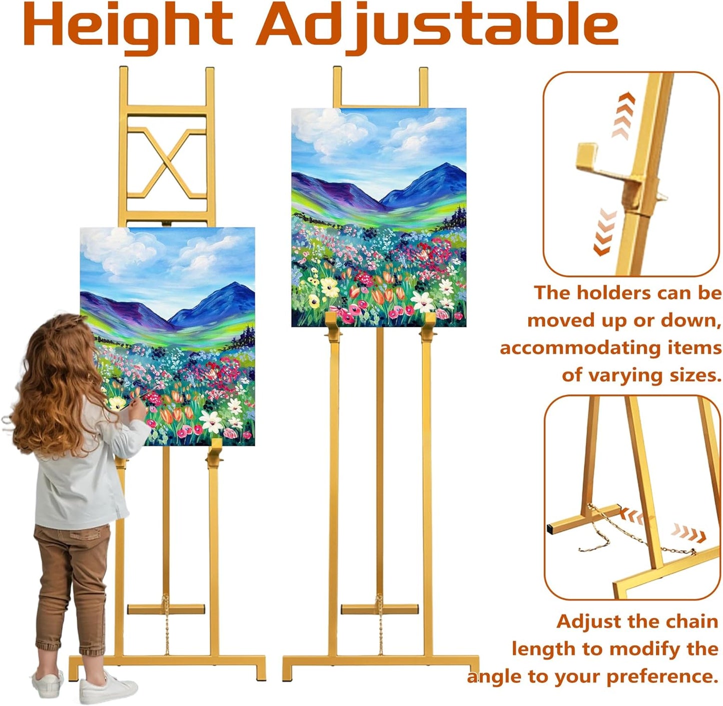 Easel Stand, 13.5" x 53.5" Adjustable Height Metal Easel Display Stand, Square Tube Gold