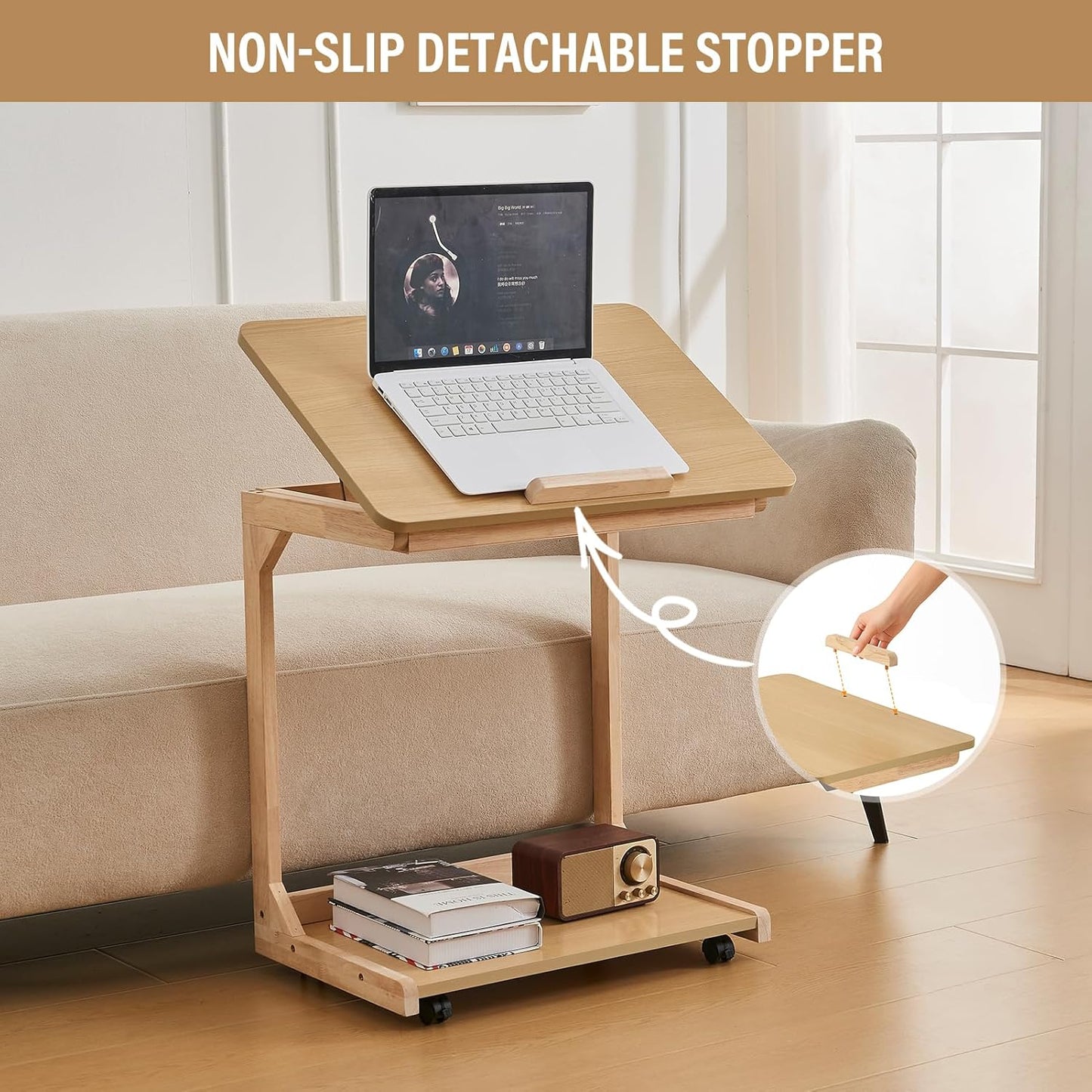 CozyDH Bedroom Side Table - Wooden End Tables Bedroom, C Shaped End Table with Wheels, Small Rolling Table for Bedside, Skinny Tray Desk for Sofa/Couch/Living Room, Natural