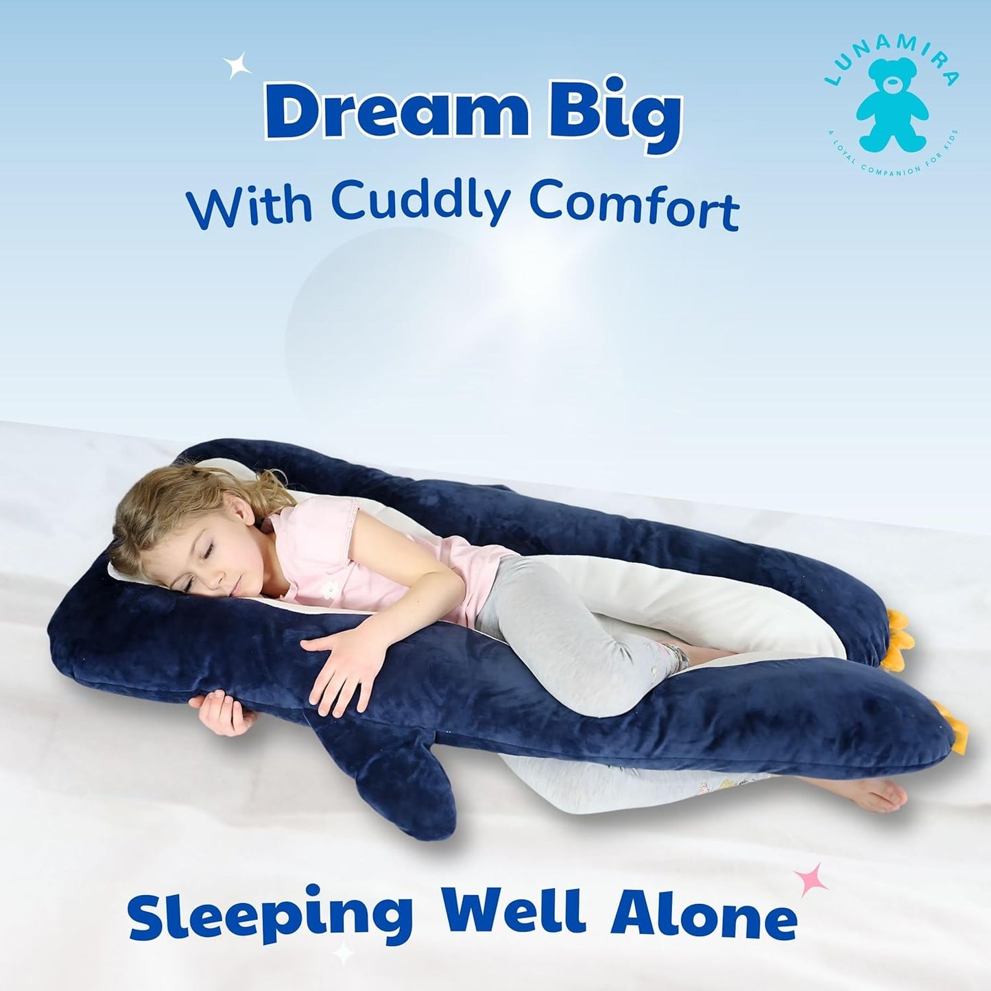 LUNAMIRA Penguin Kids Body Pillow - 47" U-Shape Long Plush Animal Pillow for Kids, Sleeping, Reading, ADHD & Special Needs Comfort, Anxiety, Washable Cover, Snuggle Fun Cuddle Gift for Boys & Girls