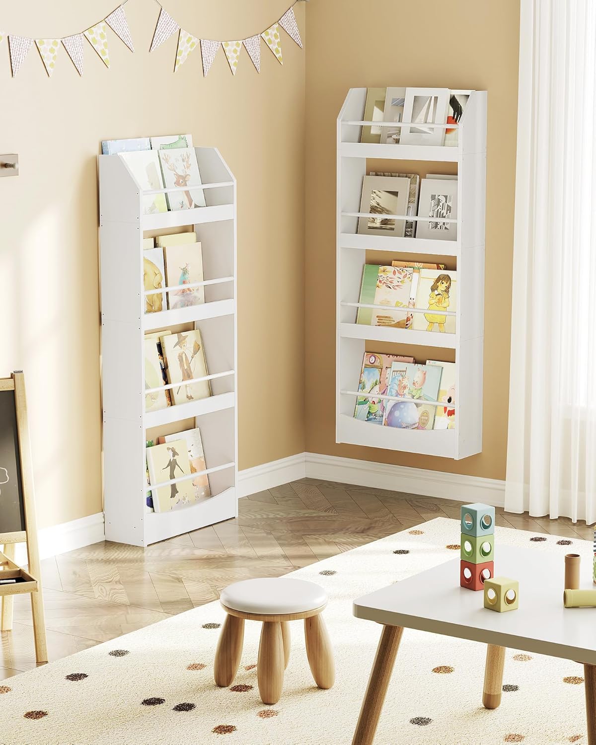 Kids Bookshelf, 15.7 Inch Wall Mounted Bookshelf, 4-Tier Nursery Book Shelves, Book Shelf for Kids Room, Bedroom, Living Room, Playroom, White MCW04WB