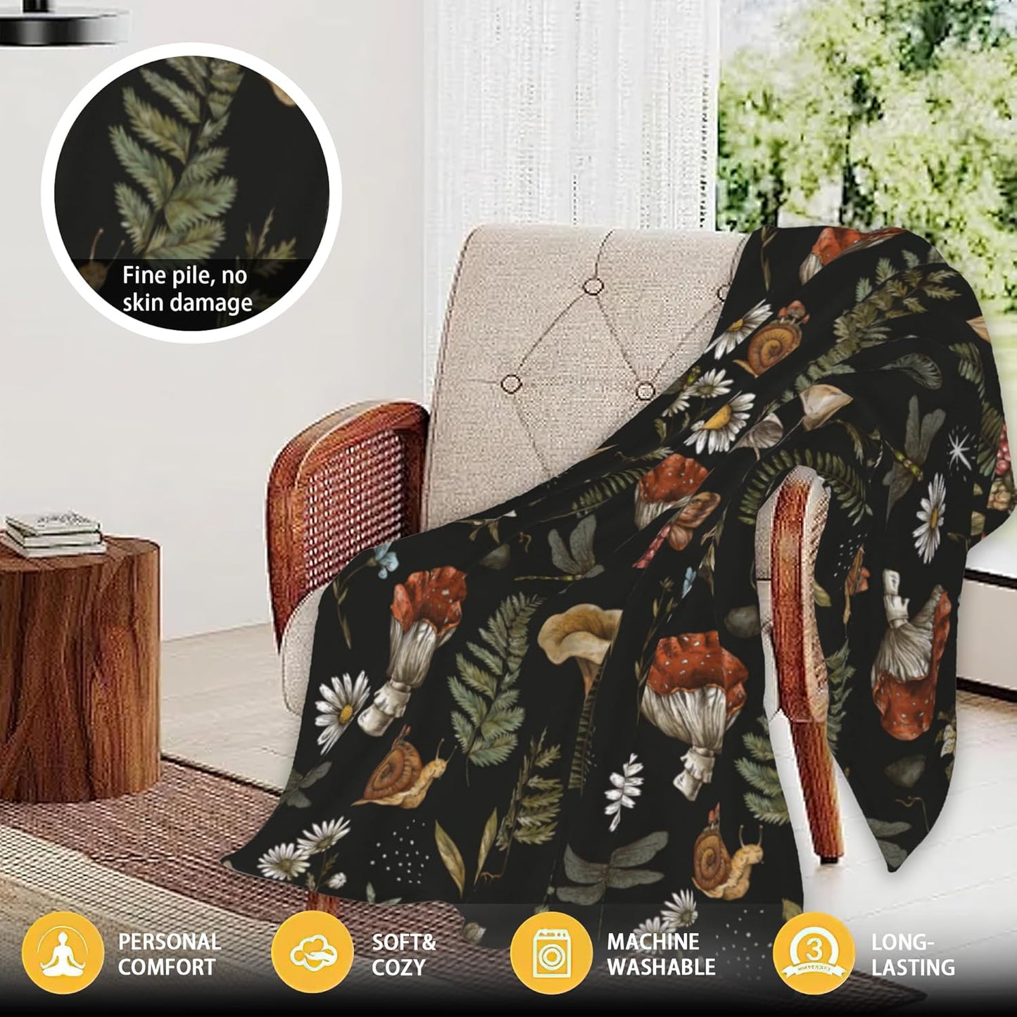 Elightvap Blanket Mushroom Fern Forest Plants Butterfly Blankets Warm Lightweight Throw Blanket All-Season for Couch Bed Man Women Girl 50"x60"