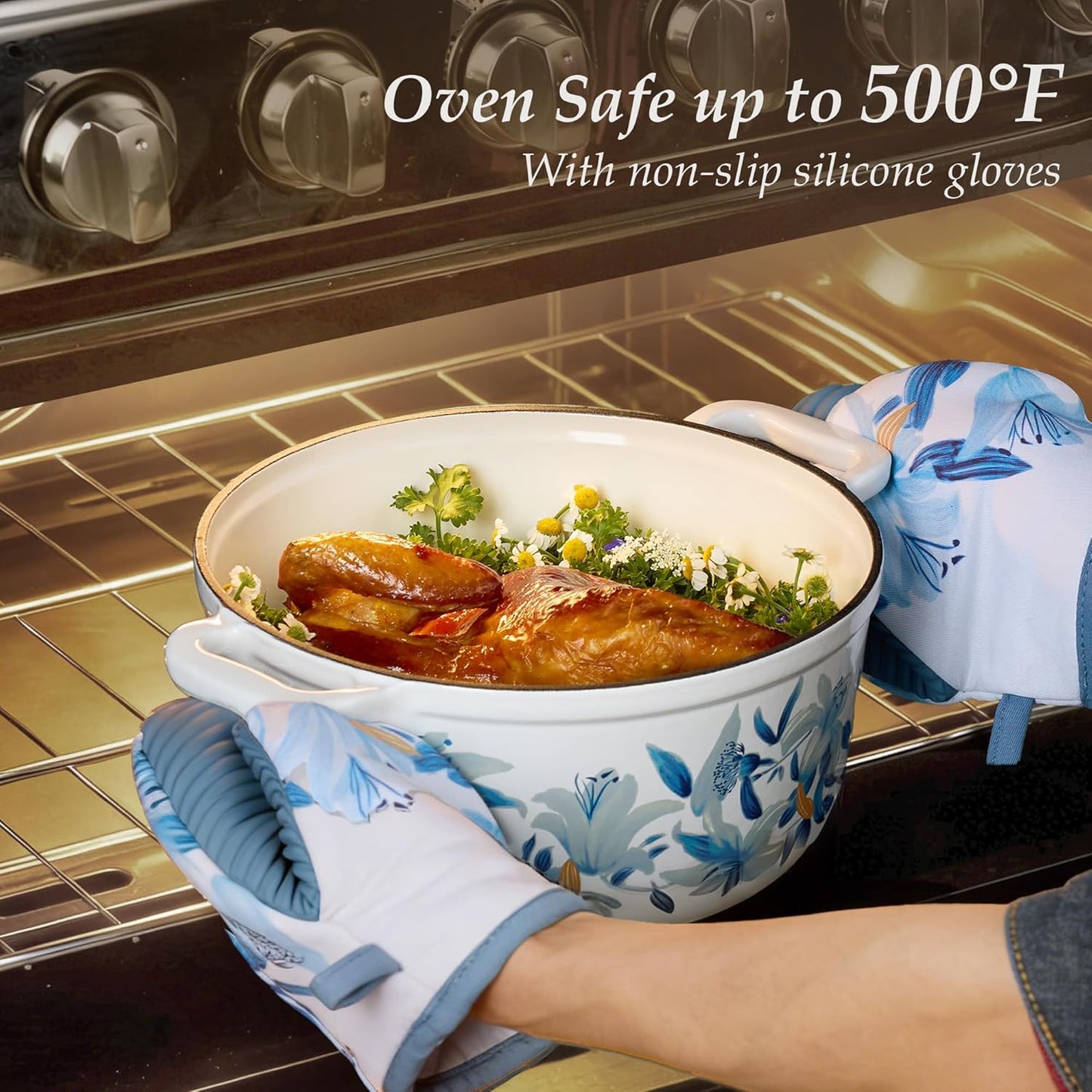CAROTE 5 QT Cast Iron Dutch Oven Pot with Lid, Enameled Floral Dutch Ovens with Cotton Potholders & Oven Gloves, Gift Box, Cast Iron Pot for Sourdough Bread Baking, Braising, Stews, Roasting, Dual Handles, All Stovetop Compatible, Oven Safe up to 500° F,