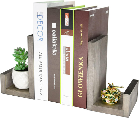 OwlGift Vintage Gray L-Shaped Solid Wood Bookends, Decorative Bookends w/Black-Tone Metal Supports, Non-Skid and Sturdy to Hold Heavy Books, 1-Pair
