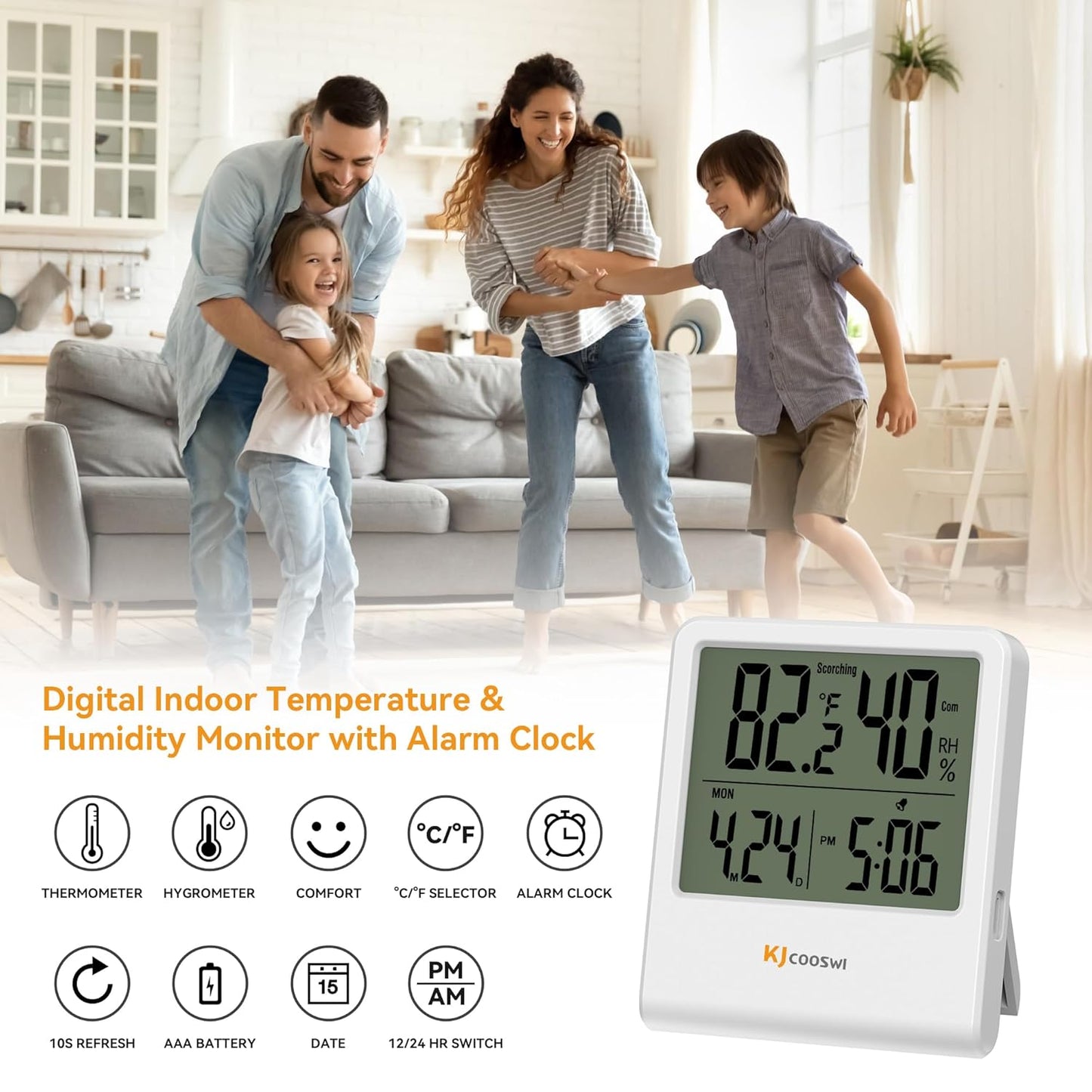 Indoor Thermometer, Room Thermometer and Hygrometer with Clock, Temperature and Humidity Meter with Clock, Double Comfort Indicator, Time, Date(White)