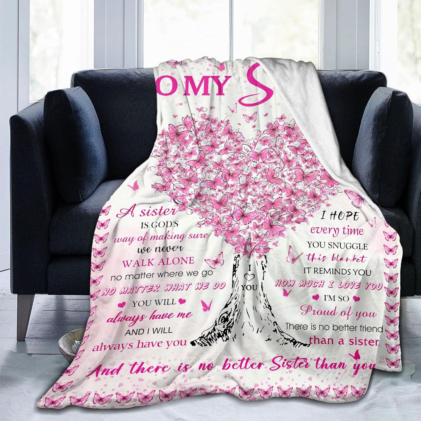 Sisters Gifts from Sister, Super Soft Funny Pink Butterfly Sisters Blanket for Little Girl, Christmas Birthday Gifts for Sister, Warm Cozy Fuzzy Plush Flannel Throw Blanket 60"x50" for Couch Bedding