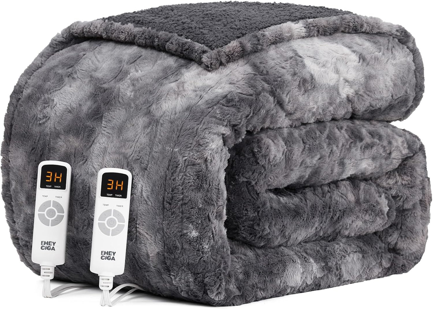 EHEYCIGA Faux Fur Heated Electric Blanket King Size - 9 Heating Levels, 10 Hours Auto Off, Soft Cozy Washable Dual Control With Fast Heating, 90 x 100 Inches