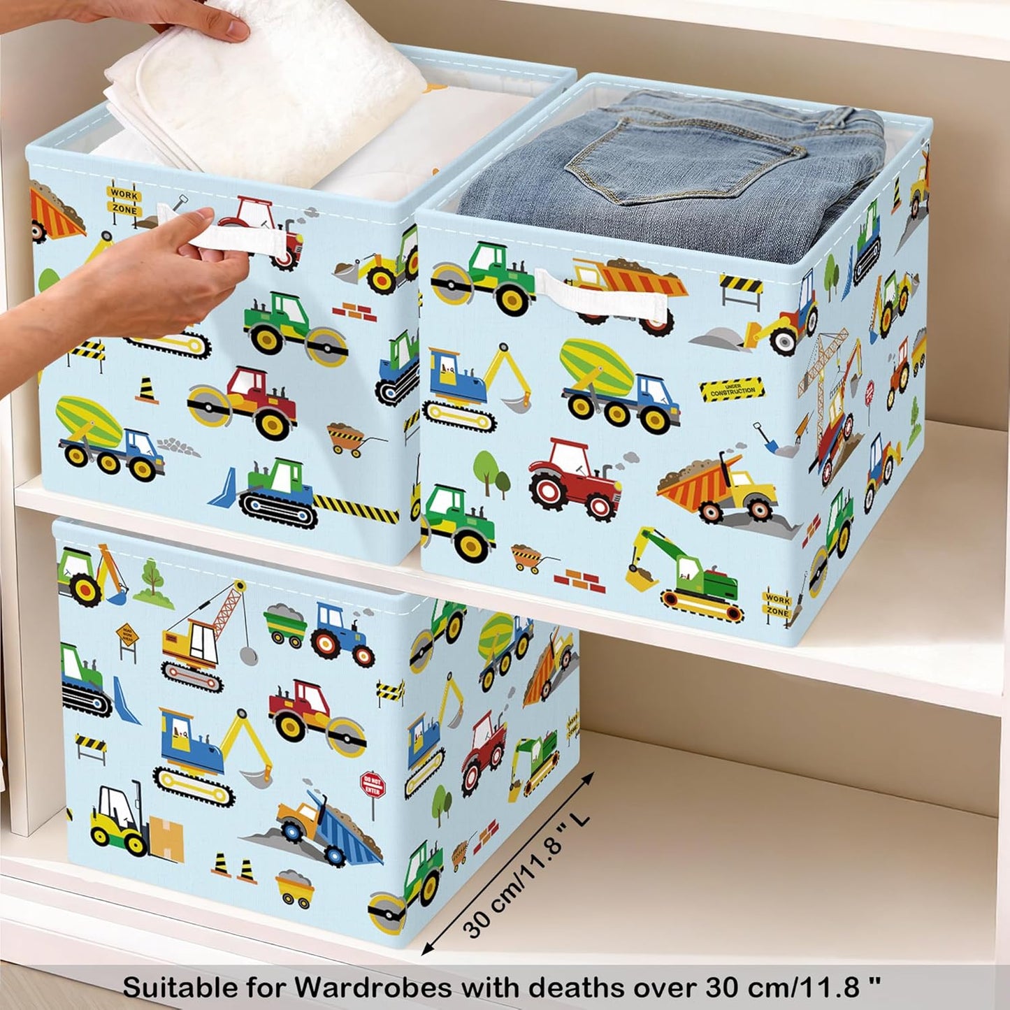 11.8" Engineering Vehicle Cube Storage Organizer Set 3Pcs Pickup Truck Cube Storage Bin for Bedroom Bulldozer Kid Book Toy Chest, Cartoon Car