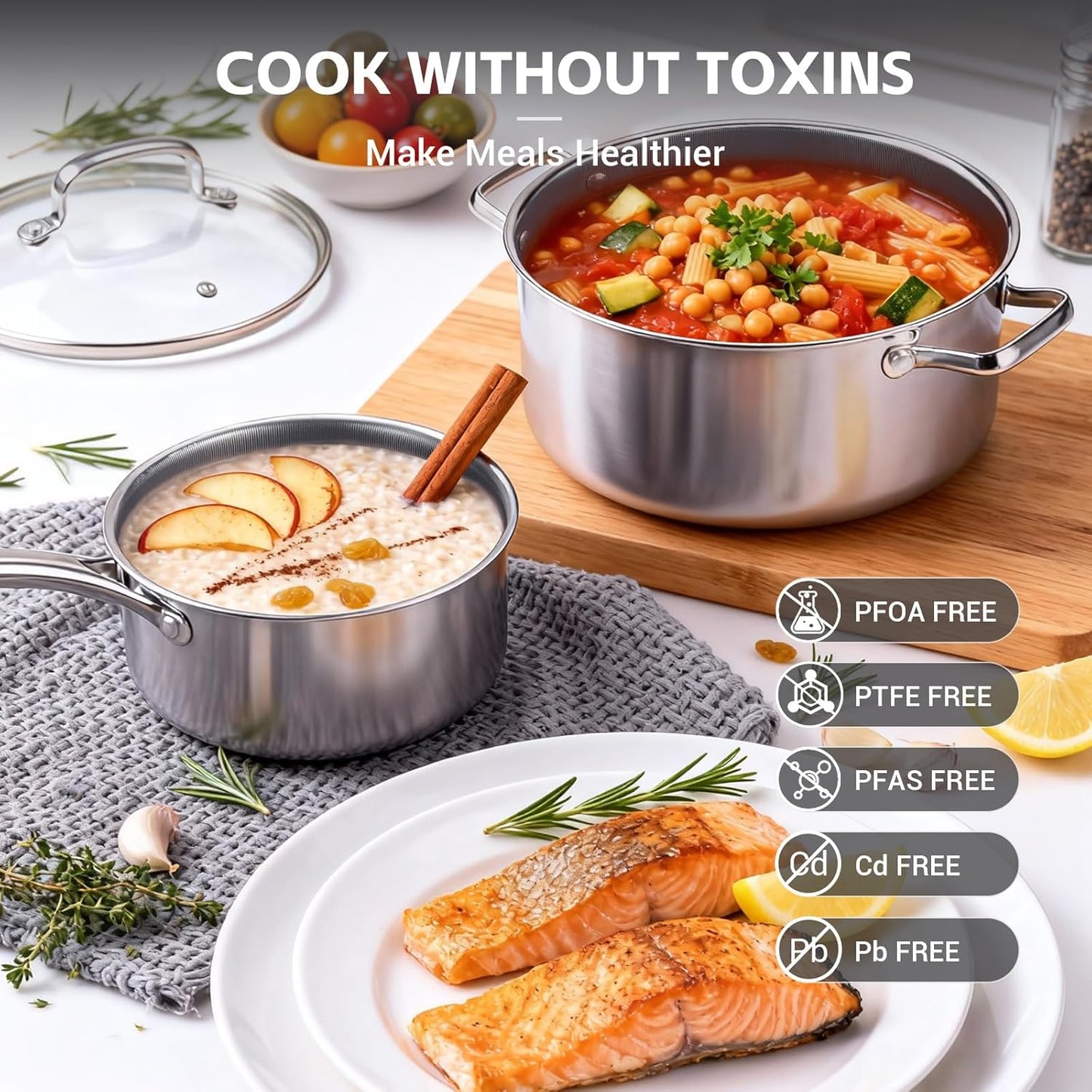 Ammeloo 17 Pcs Nonstick Stainless Steel Cookware Set, Hybrid Stainless Steel Pots and Pans Set Non Stick, Non Toxic Kitchen Cookware Sets, Dishwasher & Oven Safe, Induction & All Cooktop Compatible