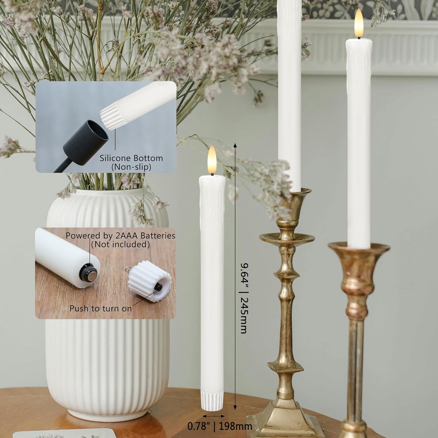 Dripless Flameless Taper Candles with Rmote, 9.6" Real Wax Battery Operated Candles with 3D Wick, 3 Pack Led Candle Flickering Candlesticks for Home, Wedding, Party, White