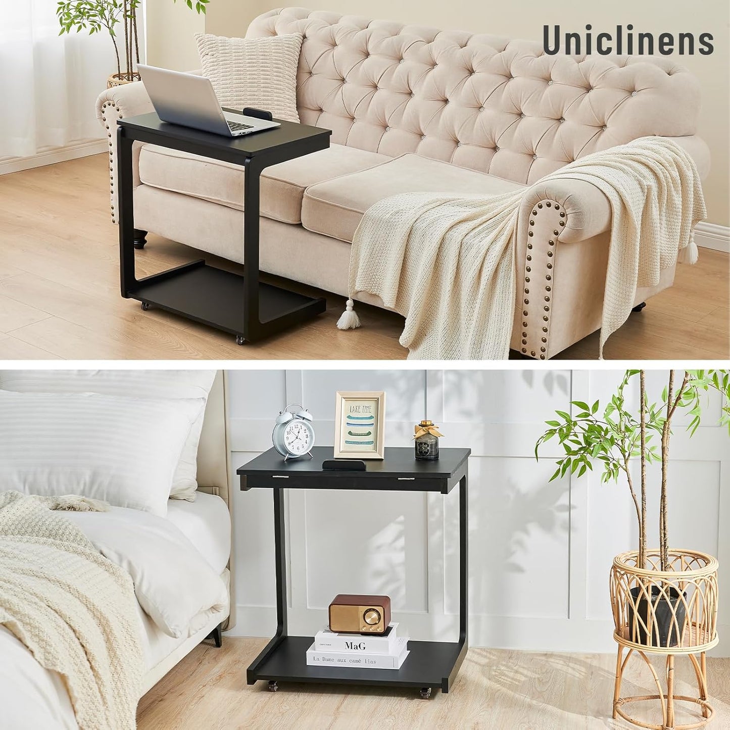 Uniclinens 360° 잠금 가능한 캐스터가 있는 C 모양 사이드 테이블, 범용 바퀴가 있는 조절 가능한 데스크탑 솔리드 우드 침대 옆 엔드 테이블, 침실 거실용 작은 나이트 스탠드, 블랙