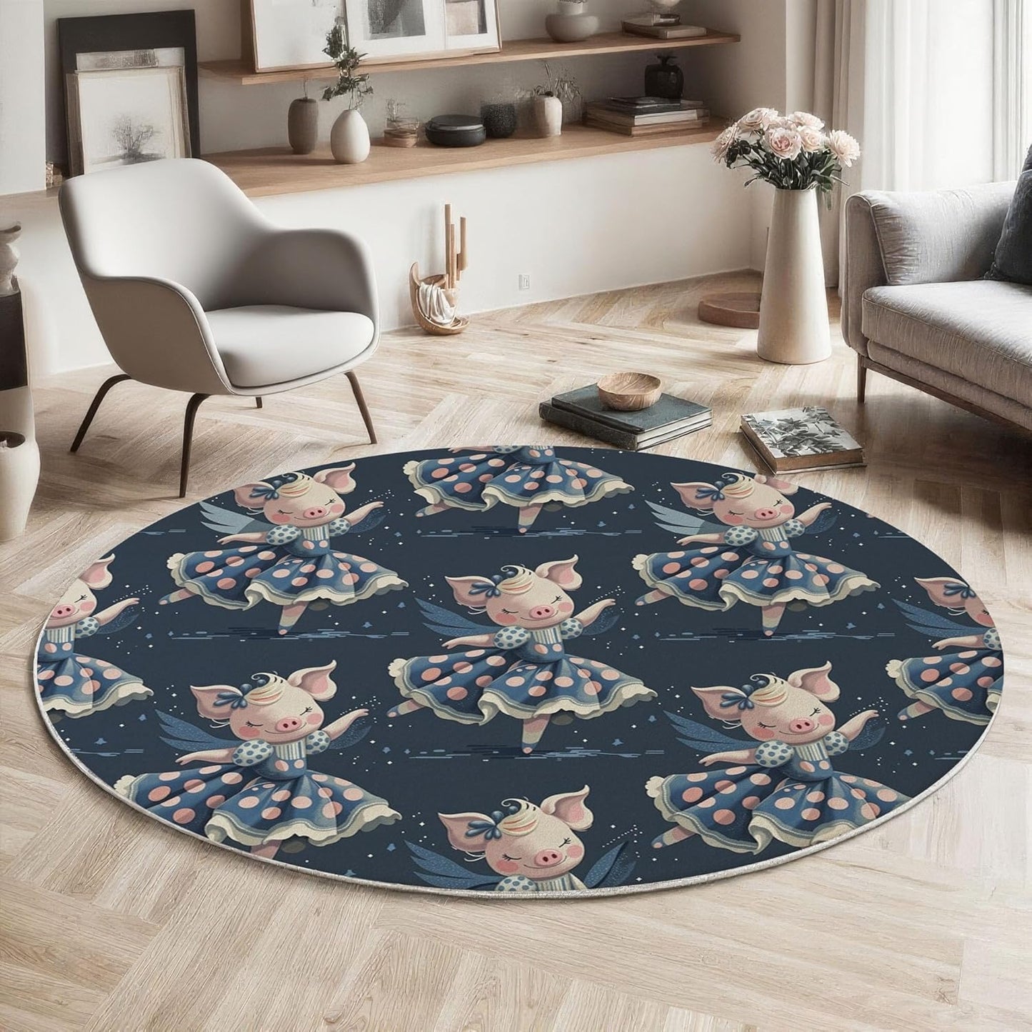 Washable Fun Dress Pig Area Rug, 3Ft Round Rugs for Living Room Soft Carpet for Bedroom Animal Starry Sky Indoor Stain Resistant Non-Shedding Floor Carpet, Dark Blue, 3Ft-Round