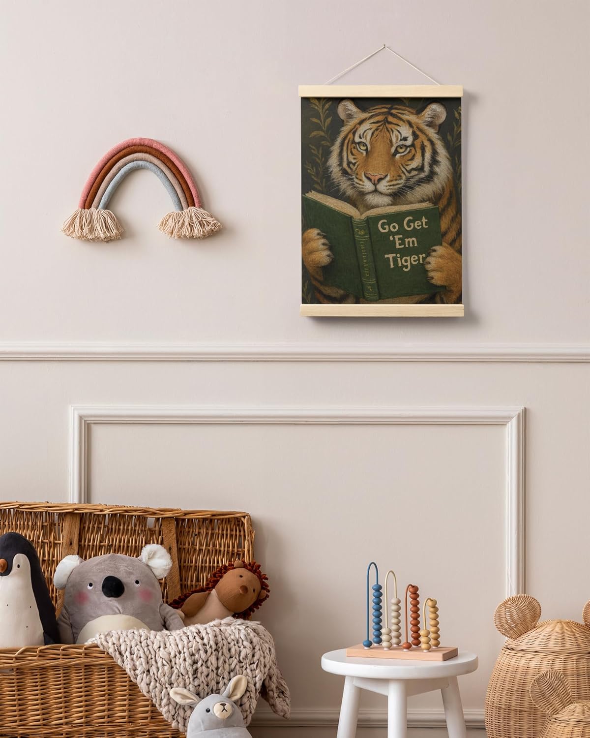 FGFK Vintage Motivational Tiger Reading Wall Art Poster Hanger Frame, Go Get Em Bookish Tiger Funny Animal Canvas Prints Framed Wall Decor for Home Kids Bedroom Room Dorm, 12x16 Inch