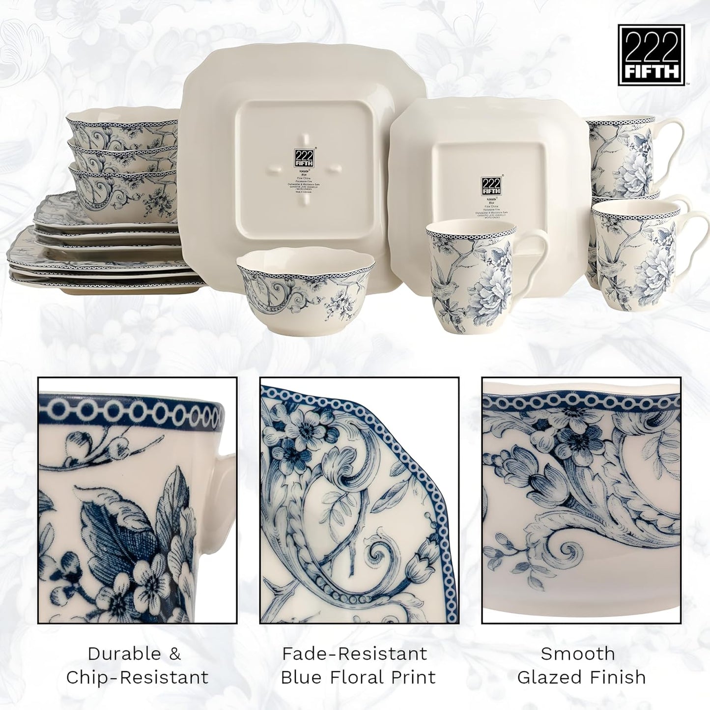 222 Fifth Adelaide 16-Piece Floral Porcelain Dinnerware Set | Microwave and Dishwasher Safe Dining Set for 4 | Stackable and Chip-Resistant Plates Bowls and Cups | Gift for Housewarming and Wedding