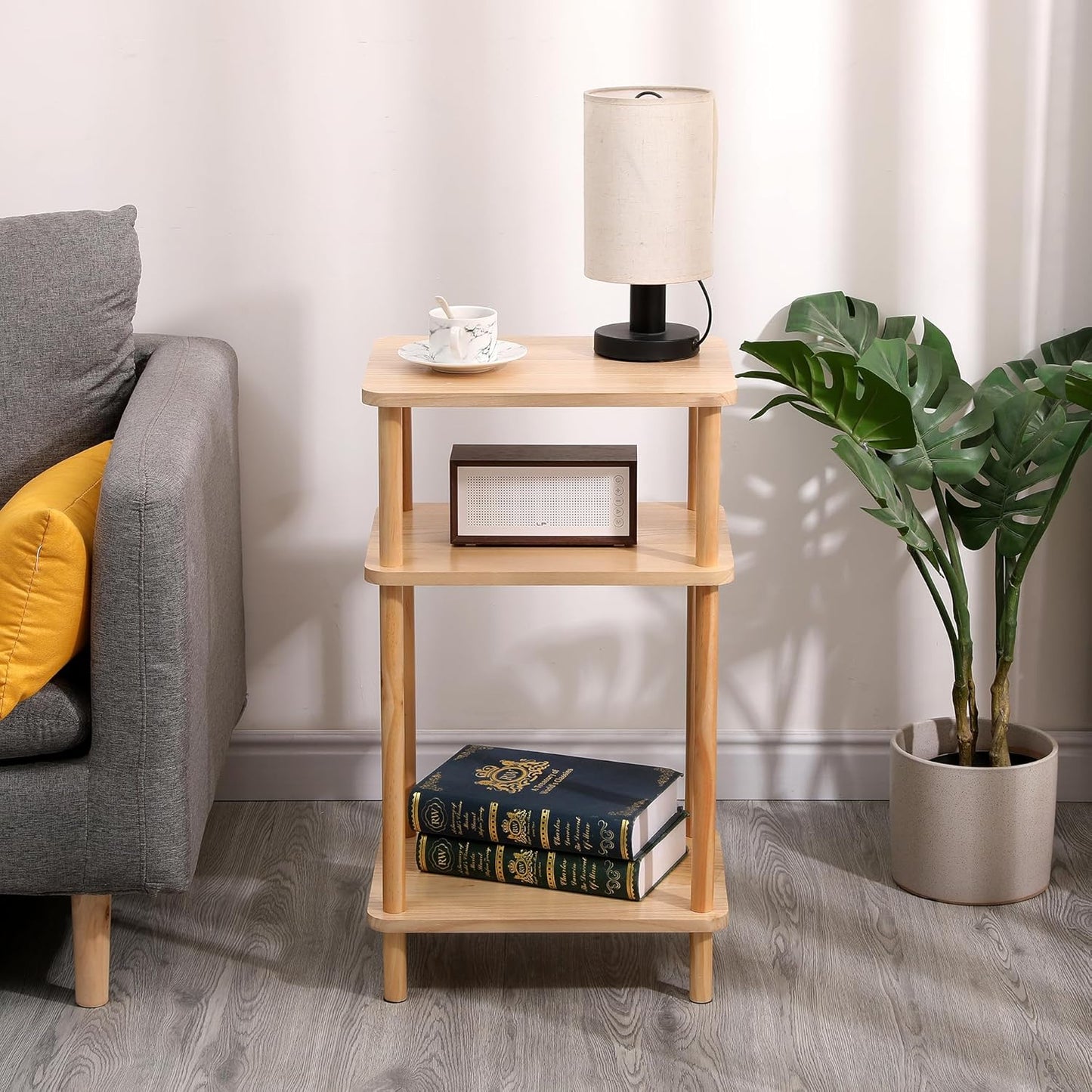 3 Tier End Table Night Stand, Solid Wood Edge Table Narrow Side Table Bookcase Bookshelf Simple Bedside Table Storage Rack for Bedroom Living Room Bathroom,Natural Wood End Table with Storage Shelves
