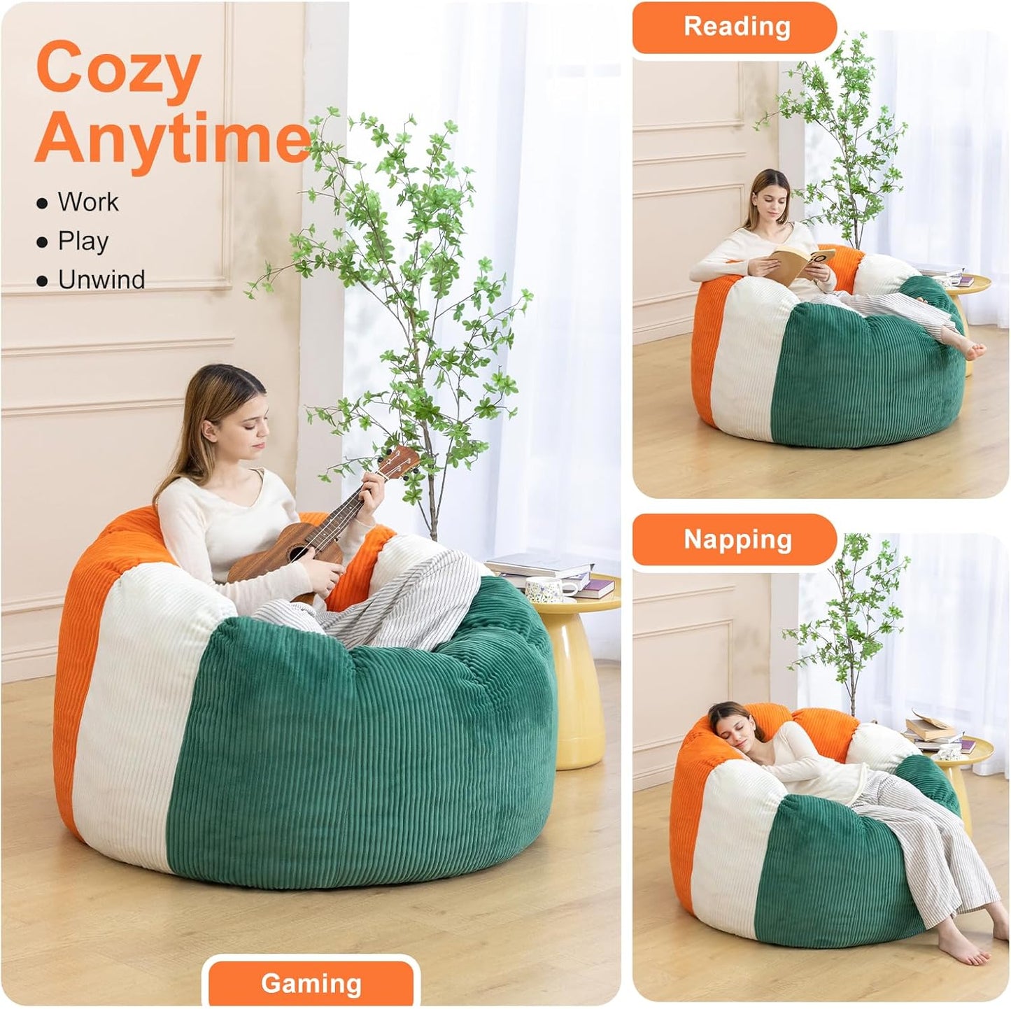 Giant Bean Bag Chairs for Adults,Memory Foam Firm Boneless Floor Gaming Chair Reading Chair,Colorful Plush Corduroy Cover,Comfy Chairs for Livingroom Bedroom Reading Nook Movie Night
