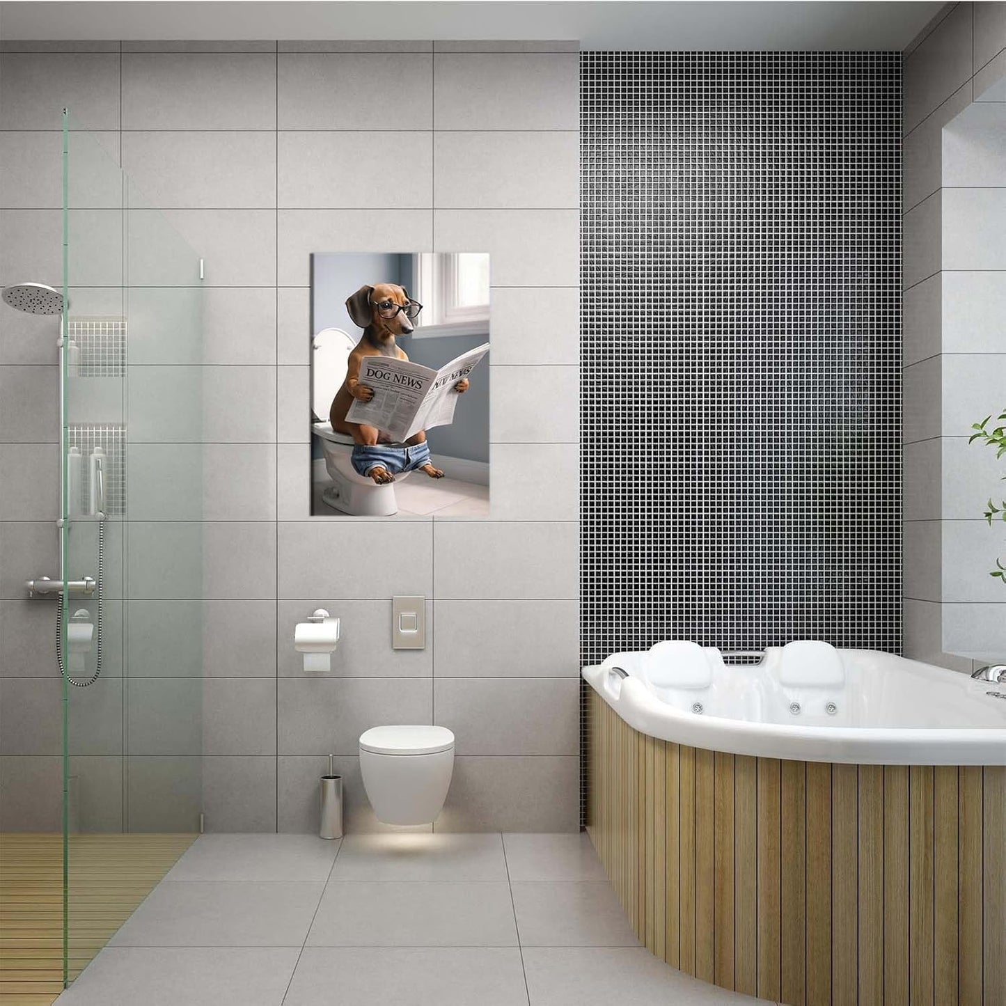 Funny dog in bathroom sitting on toilet reading newspaper funny bathroom wall decor animals in toilet dog gift ideas bathroom decor wall art prints bathroom posters canvas wall art for dog lovers
