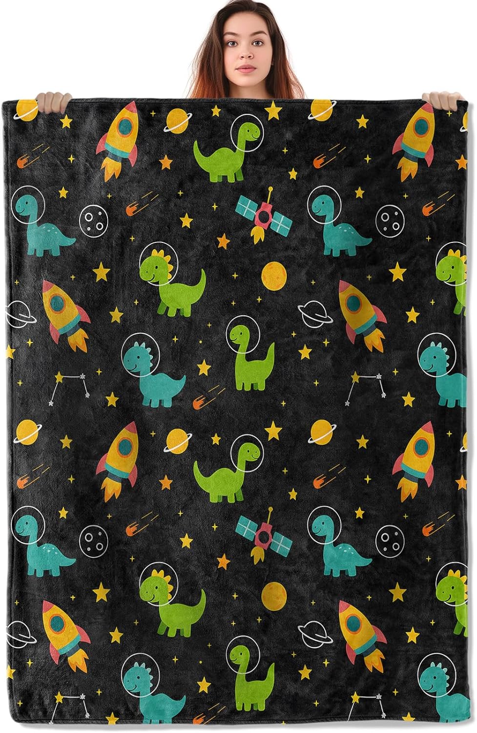 Cute Dinosaur Throw Blanket, Warm Flannel Blankets Space with Rocket Star and Planet, Fun Cartoon Decor and Gifts, Soft Cozy Throws, 50"X60" for Bedroom Couch Travel Office