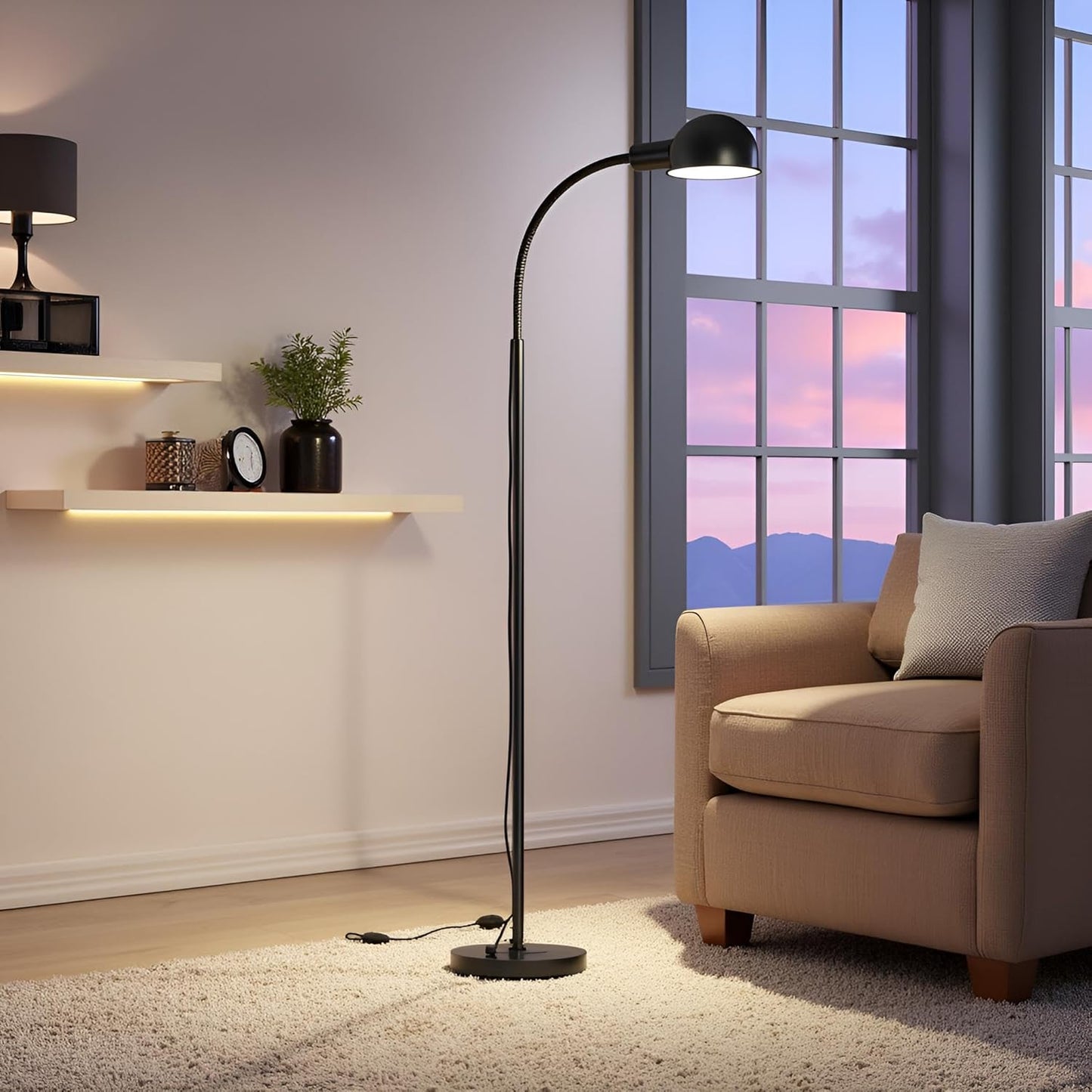 Adjustable LED Floor Lamp with Flexible Gooseneck, Rotatable Shade, E26 Socket, Sturdy 10" Base – Modern Reading Light for Living Room, Bedroom, Office (Black)