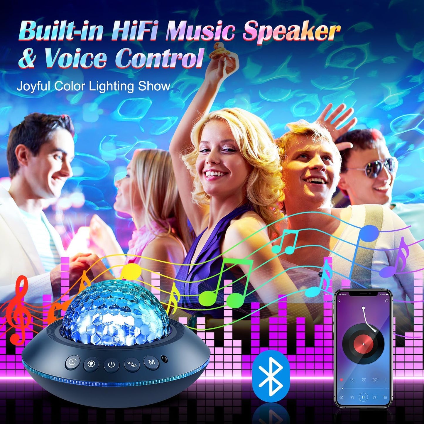 Galaxy Projector for Bedroom, White Noises & Bluetooth Night Light Projector,360° Full Coverage Ceiling Projector Galaxy Light Projector,Remote Timer Night Sky Projector Ocean Light Projector