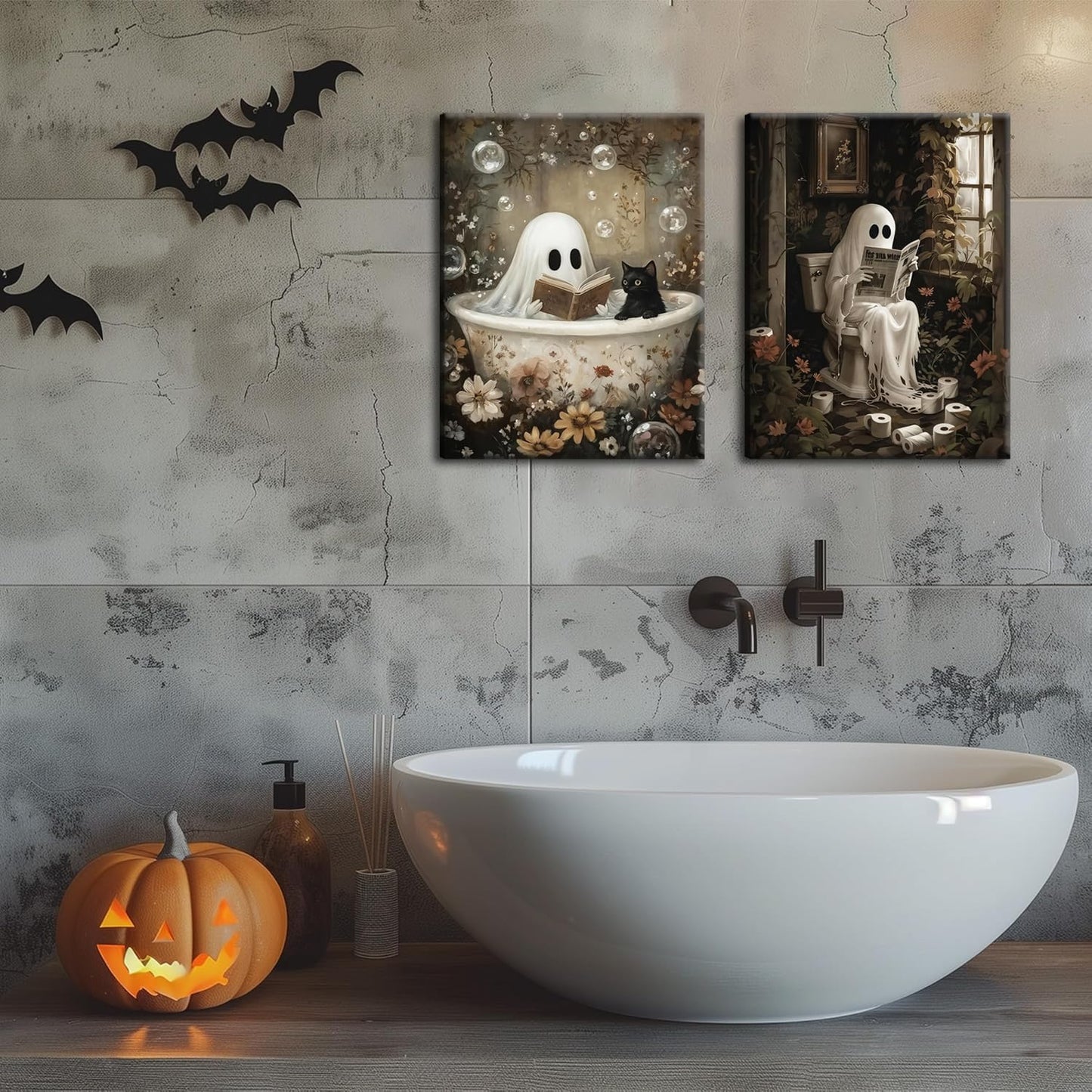 Halloween Ghost Bathroom Wall Art Set of 2, Funny Gothic Wall Decor Ghost and Black Cat in Bathroom Poster Canvas Prints Artwork Dark Academia Pictures for Bedroom Living Room 12x16 inch Framed