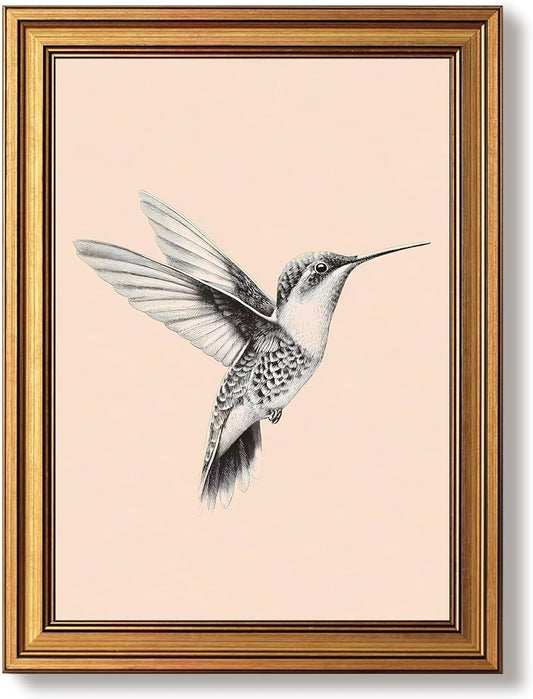 Gold Framed Hummingbird Wall Art - Vintage Black And White Bird Pictures Wall Decor, Simple Flying Bird Painting Canvas Prints, Rustic Cottage Sketch Artwork for Bathroom Hallway 12x16 Inch