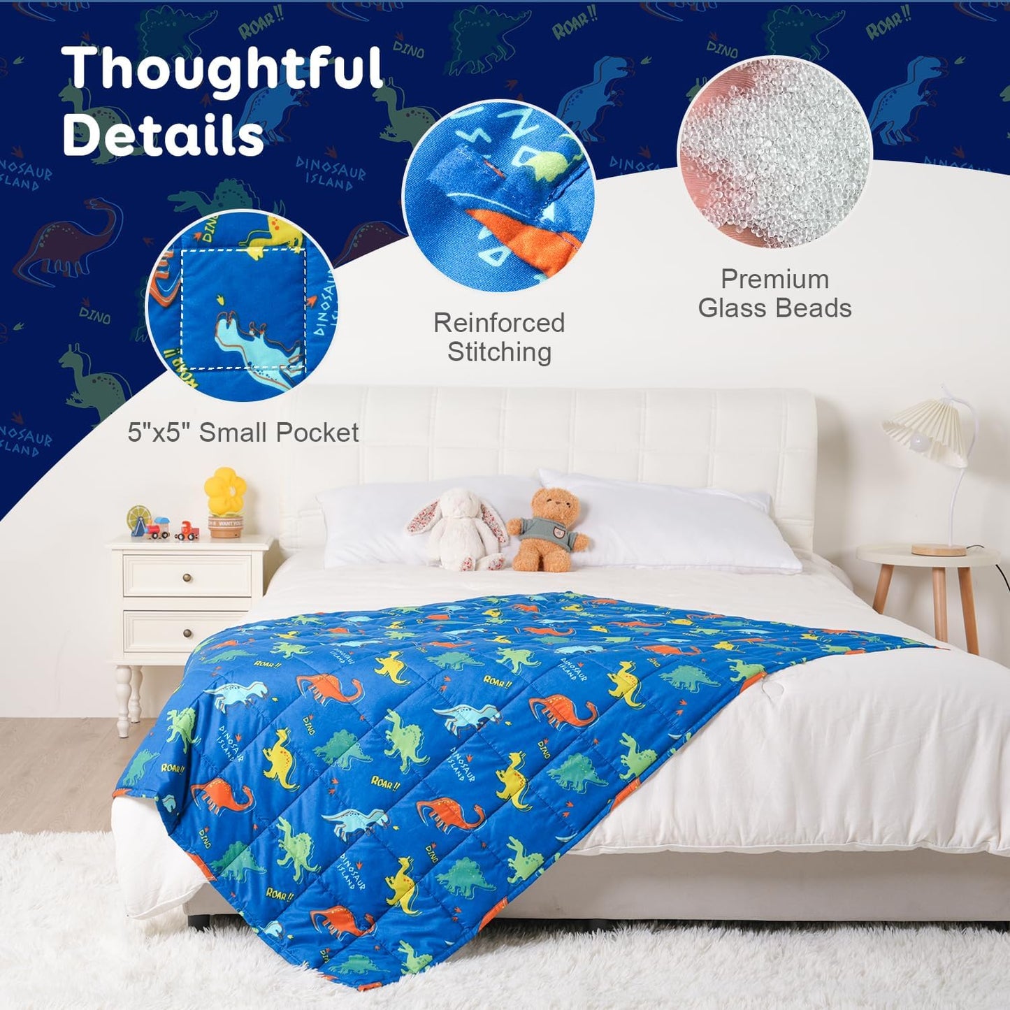 Kivik Weighted Blanket 7 lbs, 41" x 60" Blue Dinosaur Weighted Blankets for Small Single/Twin Size Bed, All-Season Breathable Soft Cozy Cute Heavy Throw Blanket for Calming & Sleep, Washable