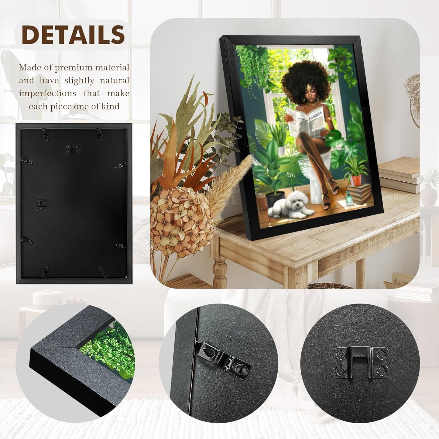 Framed African American Bathroom Decor Wall Art Green Botanical Black Girl Pictures Canvas Wall Decor Fashion Modern Black Woman Artwork For Bathroom Bedroom 12"x16"