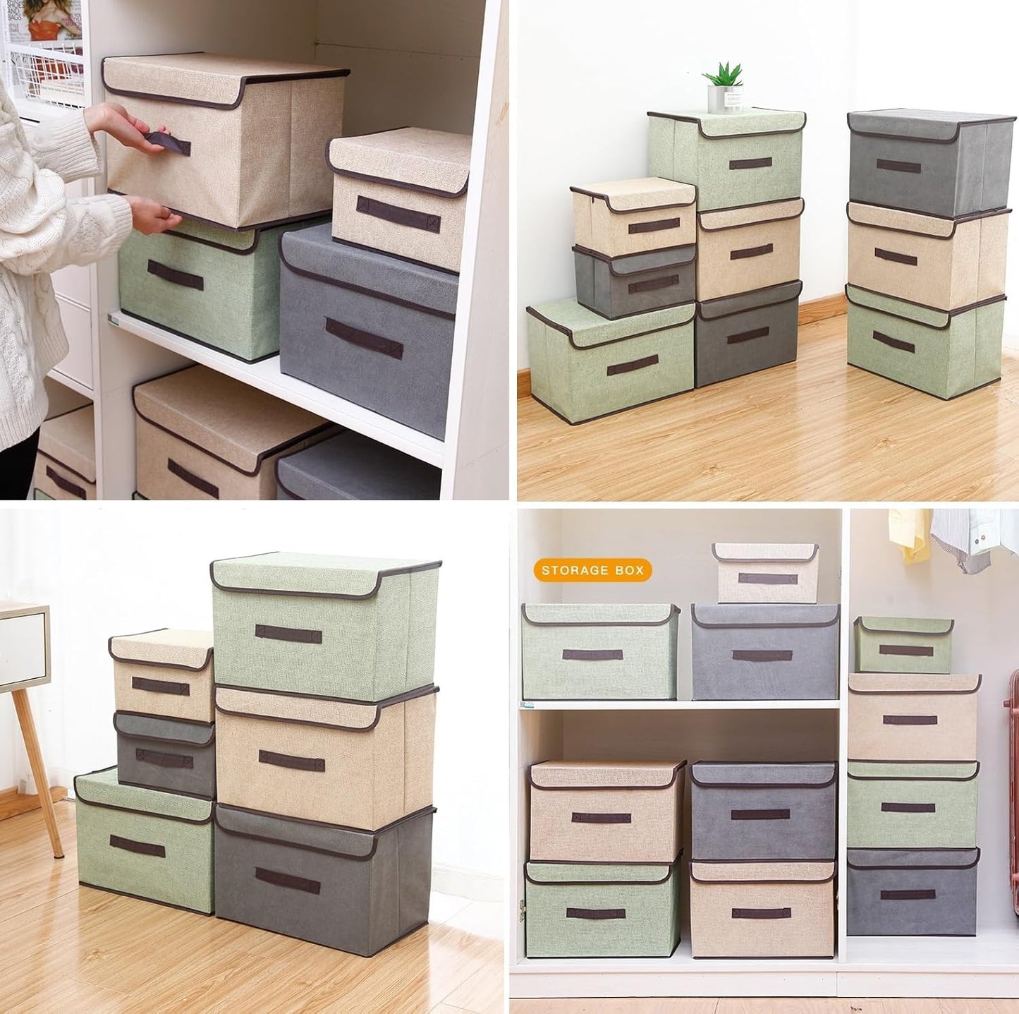 TONSHEN Foldable Hard Set of 3 (1 Gray+1 Green+1Beige) Storage Boxes Storing books, Clothing, Mini Underbed Storage Boxes (Small)