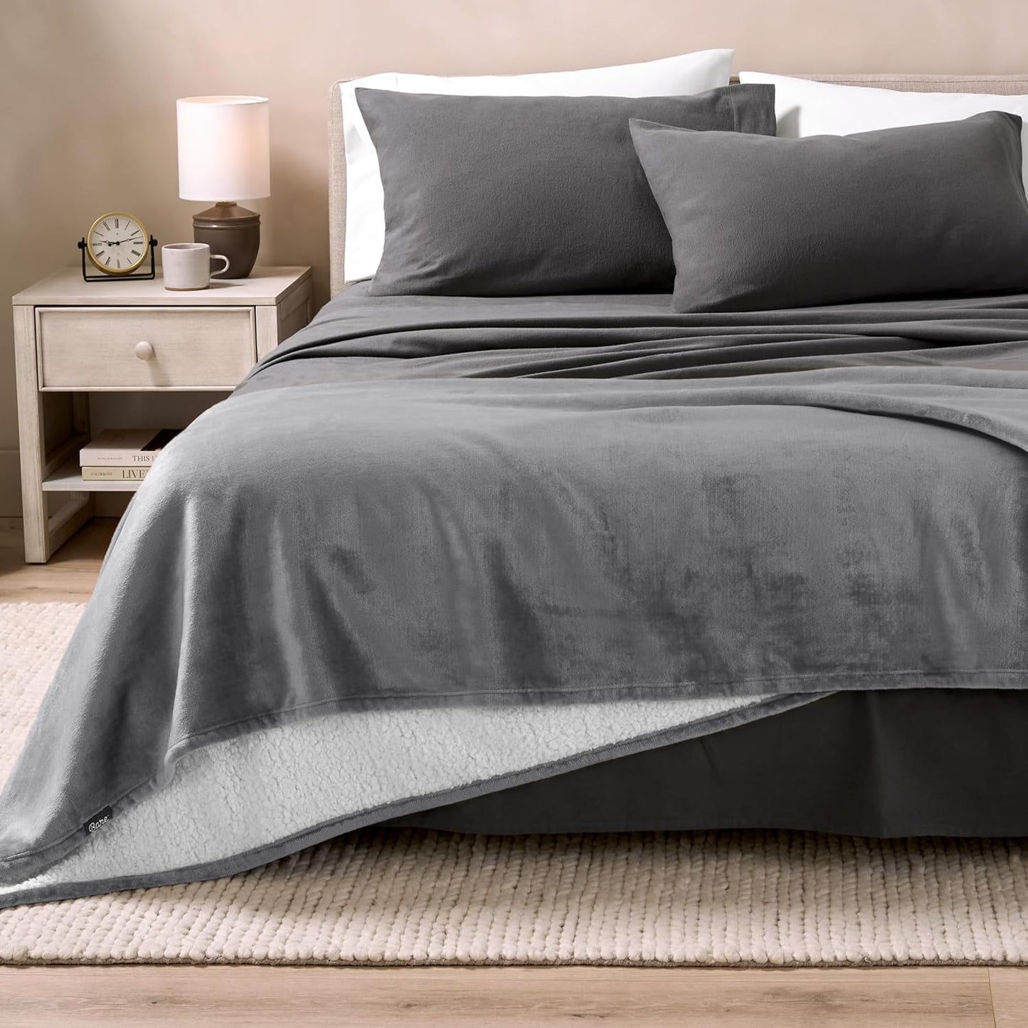 Bare Home Sherpa Fleece Blanket - Throw/Travel Size - Blanket for Bed, Sofa, and Couch - Warm & Lightweight - Fluffy & Soft - Reversible (Throw/Travel, Grey)
