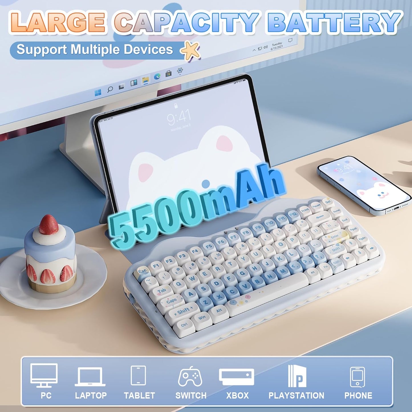 YUNZII C75 Wireless Mechanical Keyboard,75% Layout, Hot-Swappable NKRO,BT5.0/2.4G/USB-C Mode,Dye-Sub PBT MOA Keycaps,RGB Gasket Mount,Cute Cake Design for Mac/Win/Gaming (Blue, Candy Switch)