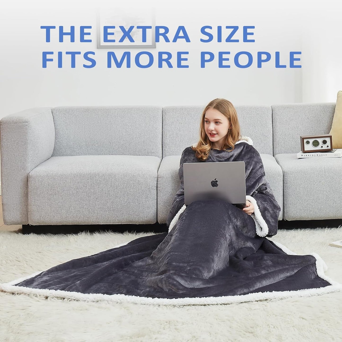 HOSUKKO Sherpa Wearable Blanket Hoodie for Adults - Oversized comfy blanket hoodie with Pockets - Super Soft Gift for Mom Wife - Grey