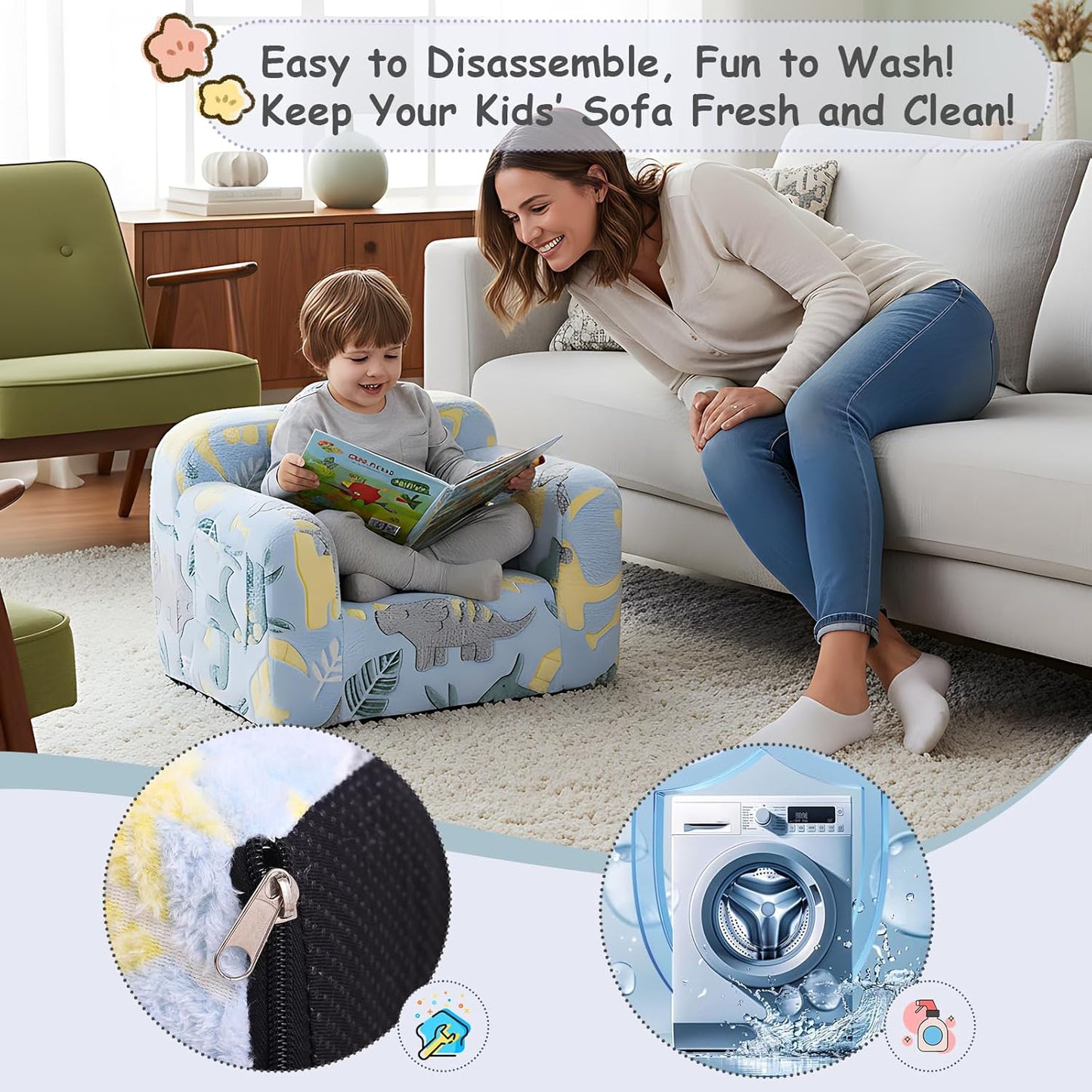Tiita Kids Sofa, Childrens Couch with Carry Handle, Portable Toddler Foam Sofa Couch, Glow in The Dark Nursery Kids Couch, Lightweight Kids Chair for Playroom, Dorm Room, Small Space, Grey Dinosaur
