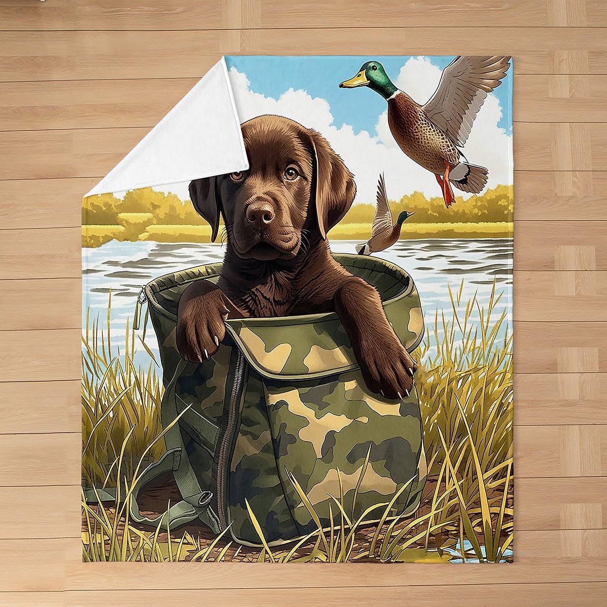 Castle Fairy Hunting Theme Puppy Flannel Blanket,Green Camouflage Bag Fleece Blanket for Room Decor,Wild Duck and Dog Throw Blanket for Sofa Couch,50"x60"