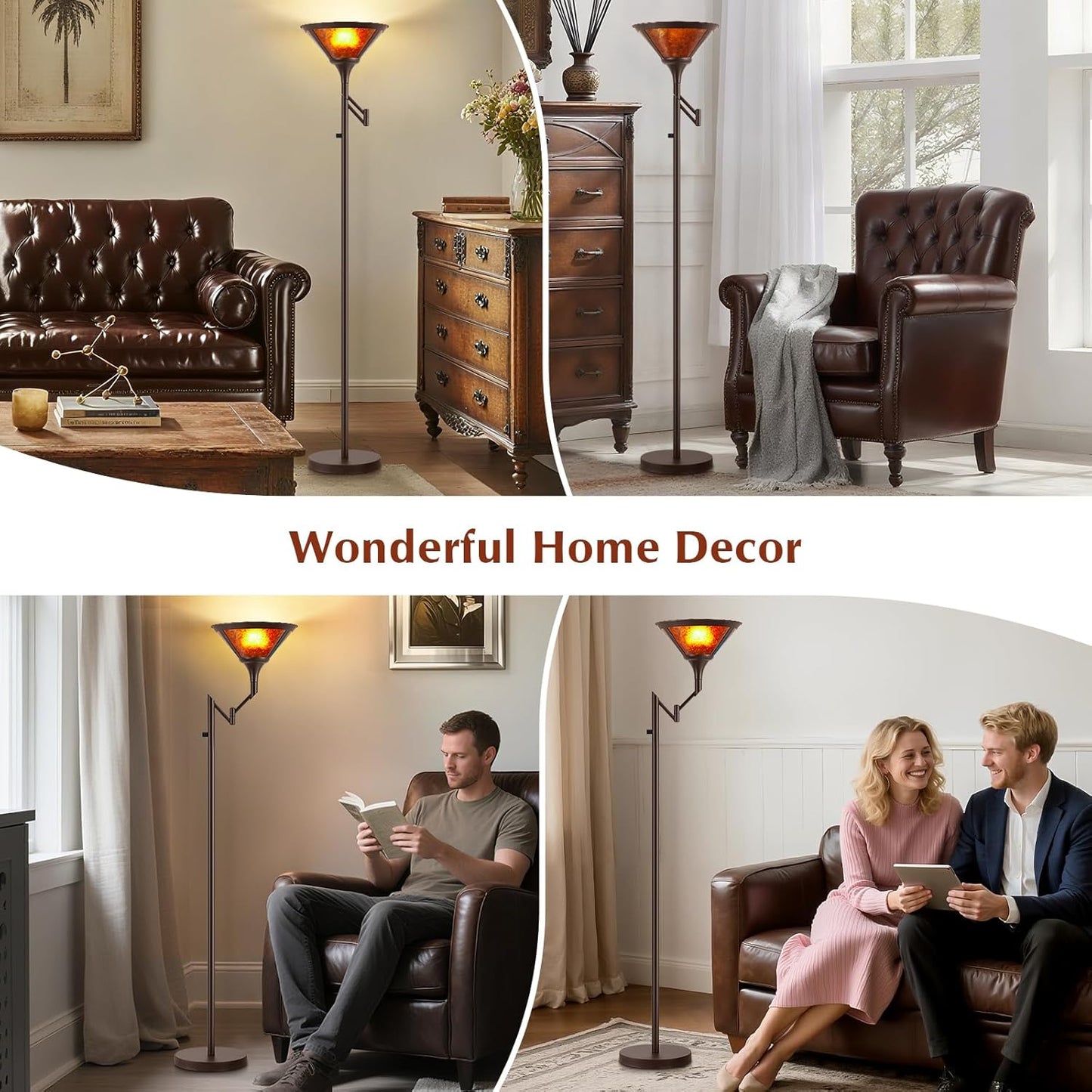 Floor Lamps for Living Room - 70" Brown Torchiere Standing Floor Lamp with Adjustable Swing Arm - Tall Corner Lamp Decor for Bedroom with Mica Shade LED Reading Light for Home Office